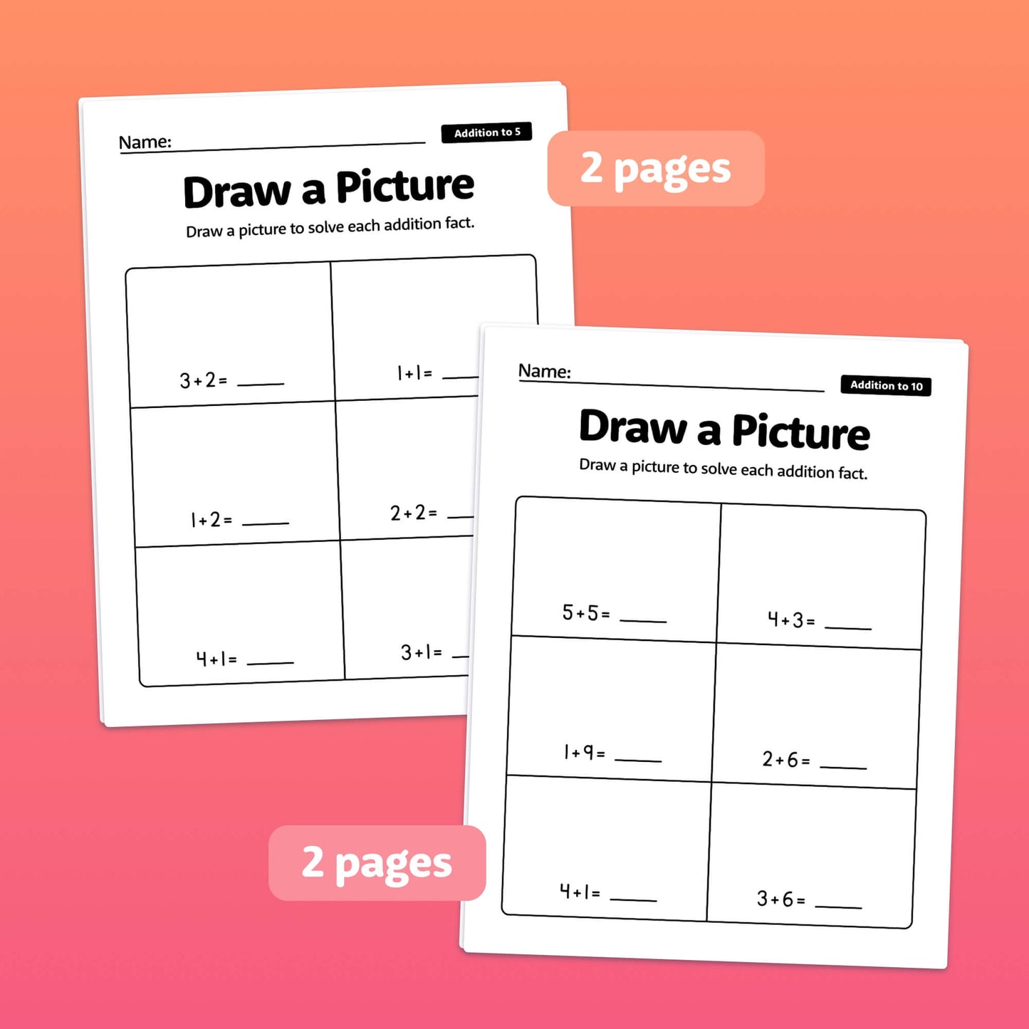 Two worksheets with simple addition problems titled "Draw a Picture.