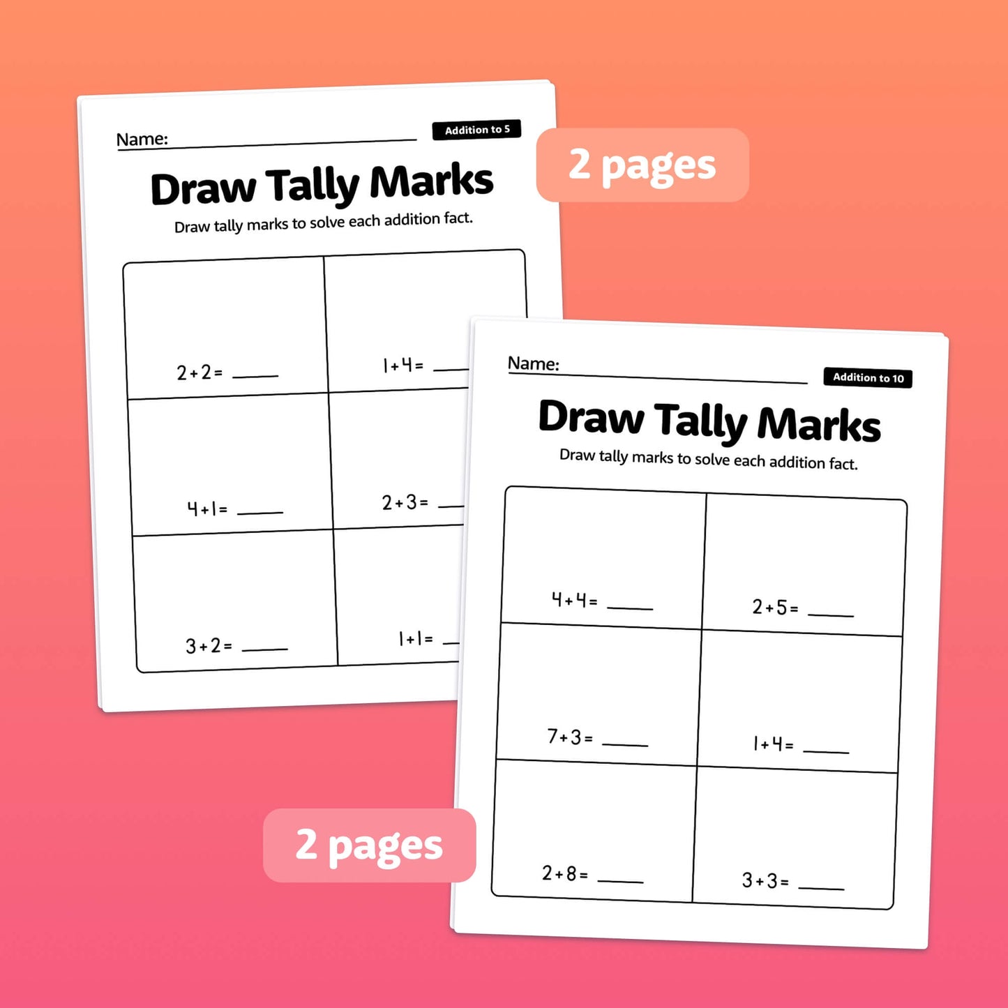 Two "Addition Strategies Worksheets" on a gradient pink background.