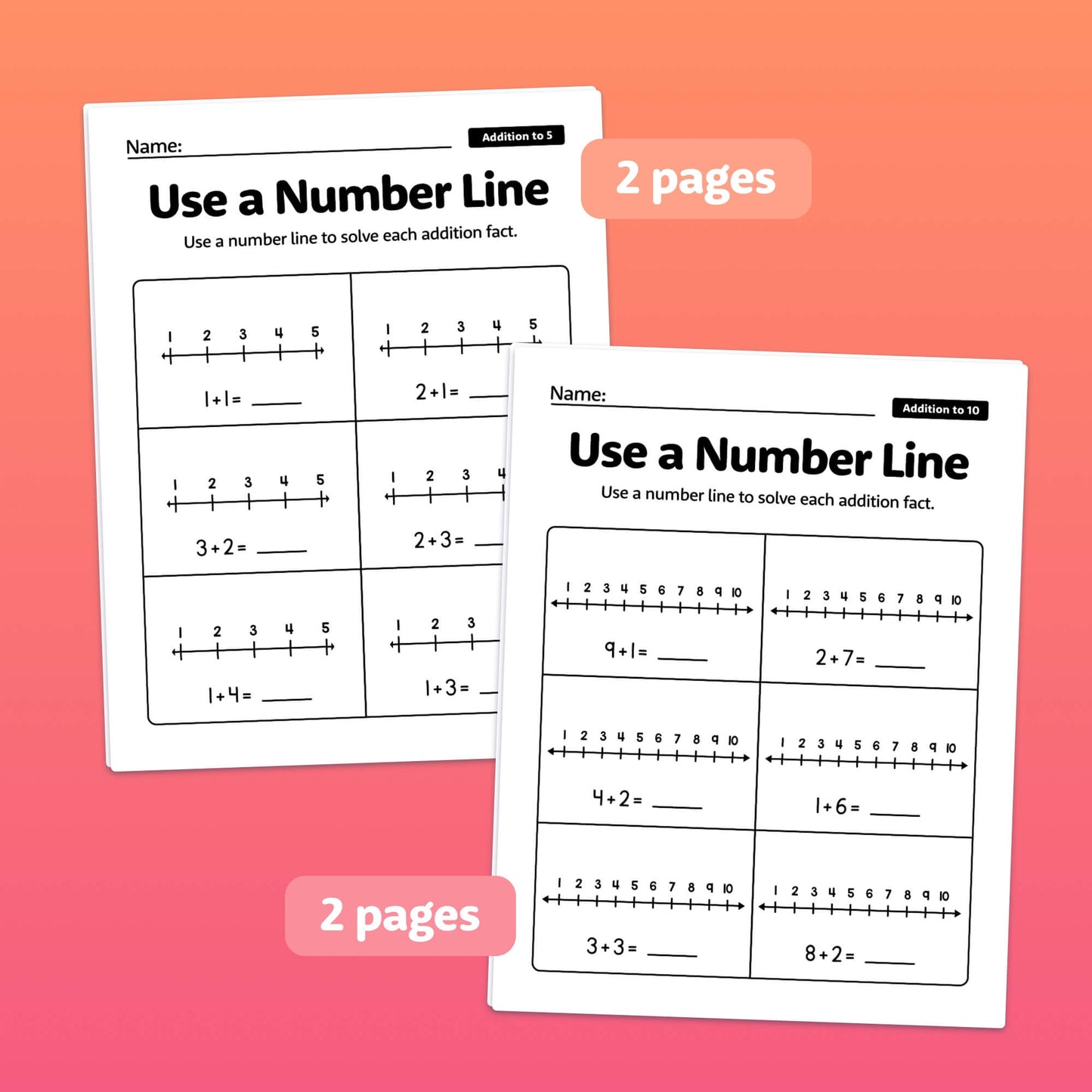 Two worksheets titled "Use a Number Line" with a pink-orange gradient background.