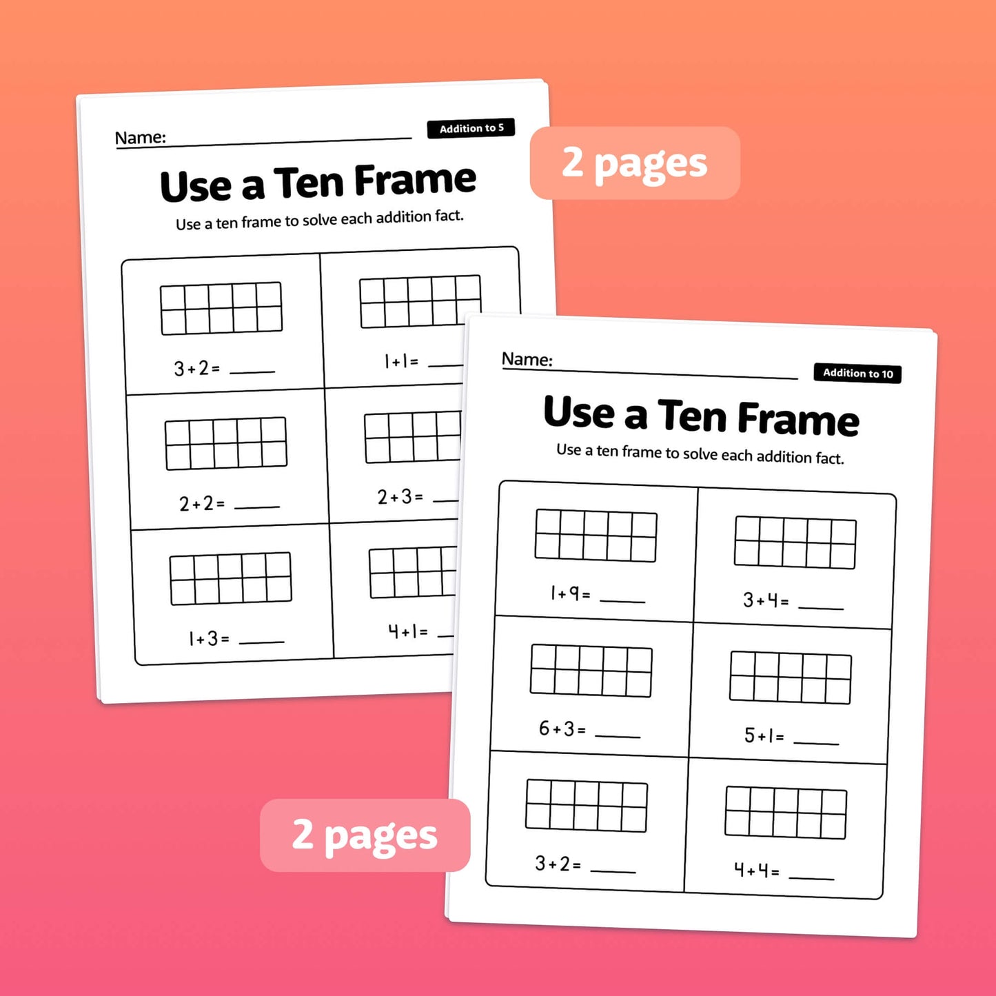 Two addition strategy worksheets titled "Use a Ten Frame" on a pink gradient background.