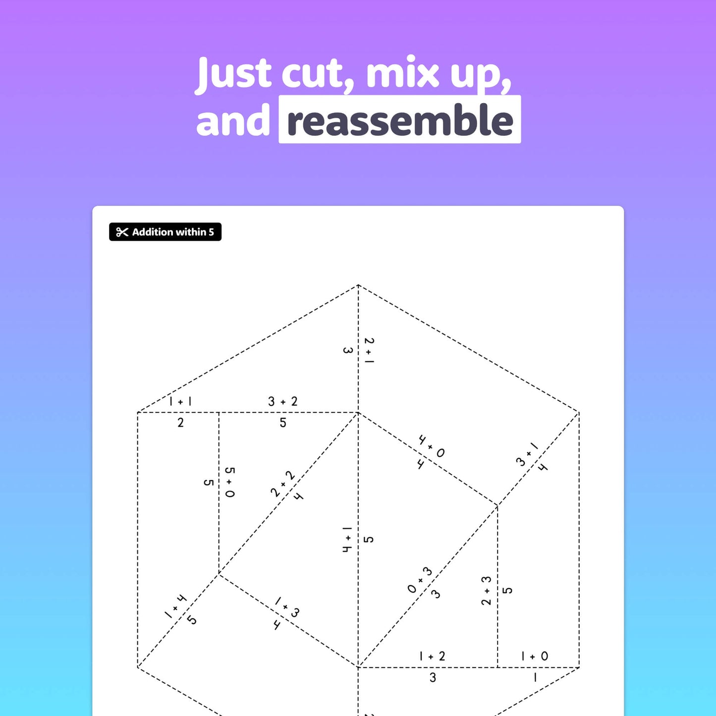 Addition puzzle pieces arranged in a hexagon layout.