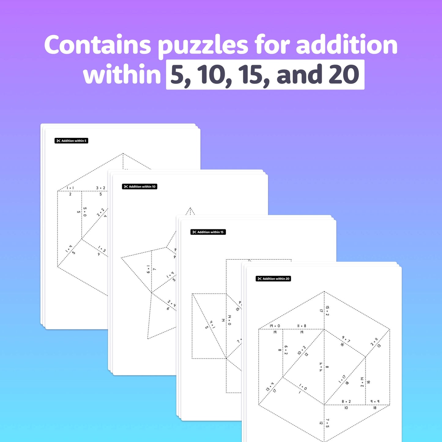 Math activity sheets with addition puzzles for sums up to 20.