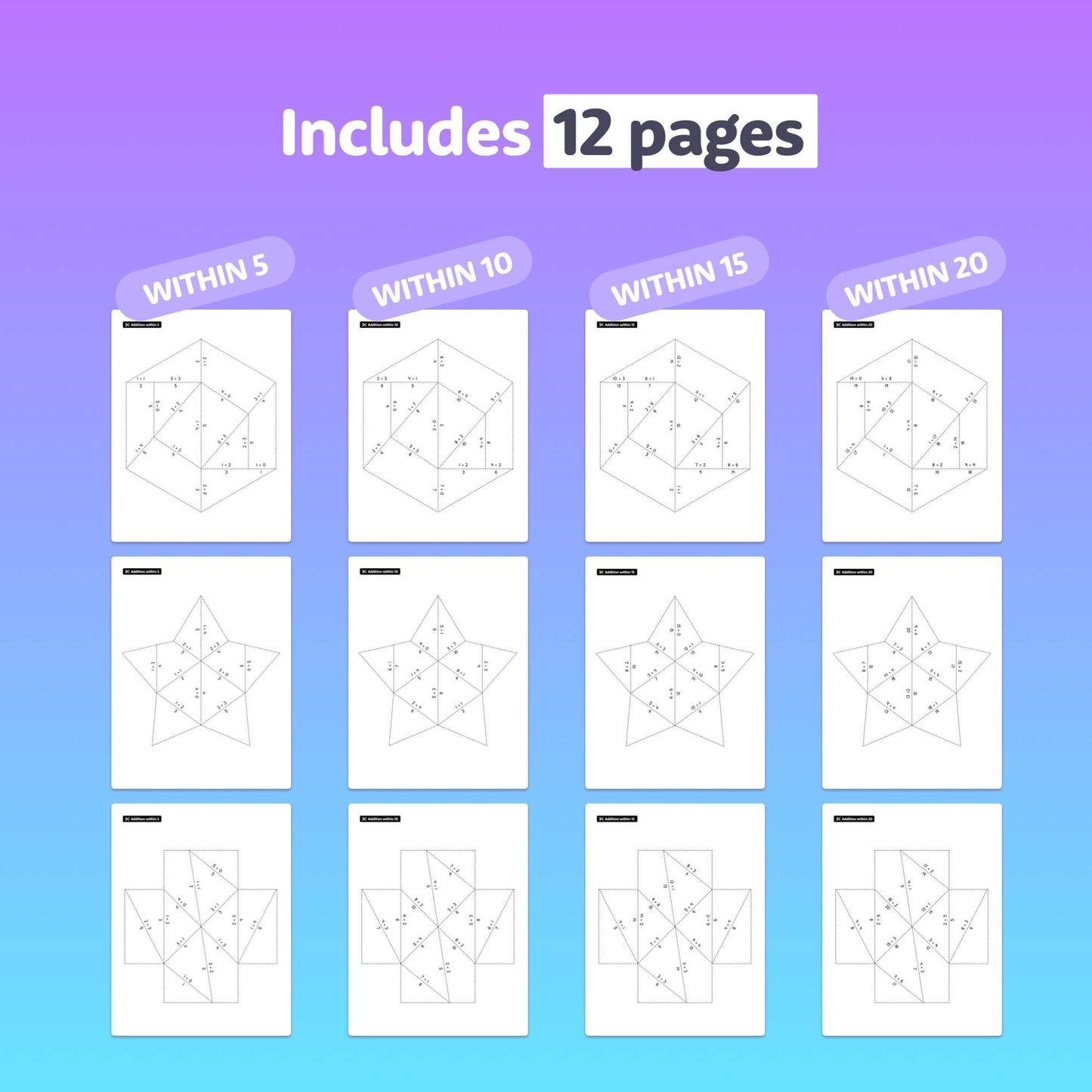 Rows of addition puzzle pages are labeled with page numbers: 5, 10, 15, 20.