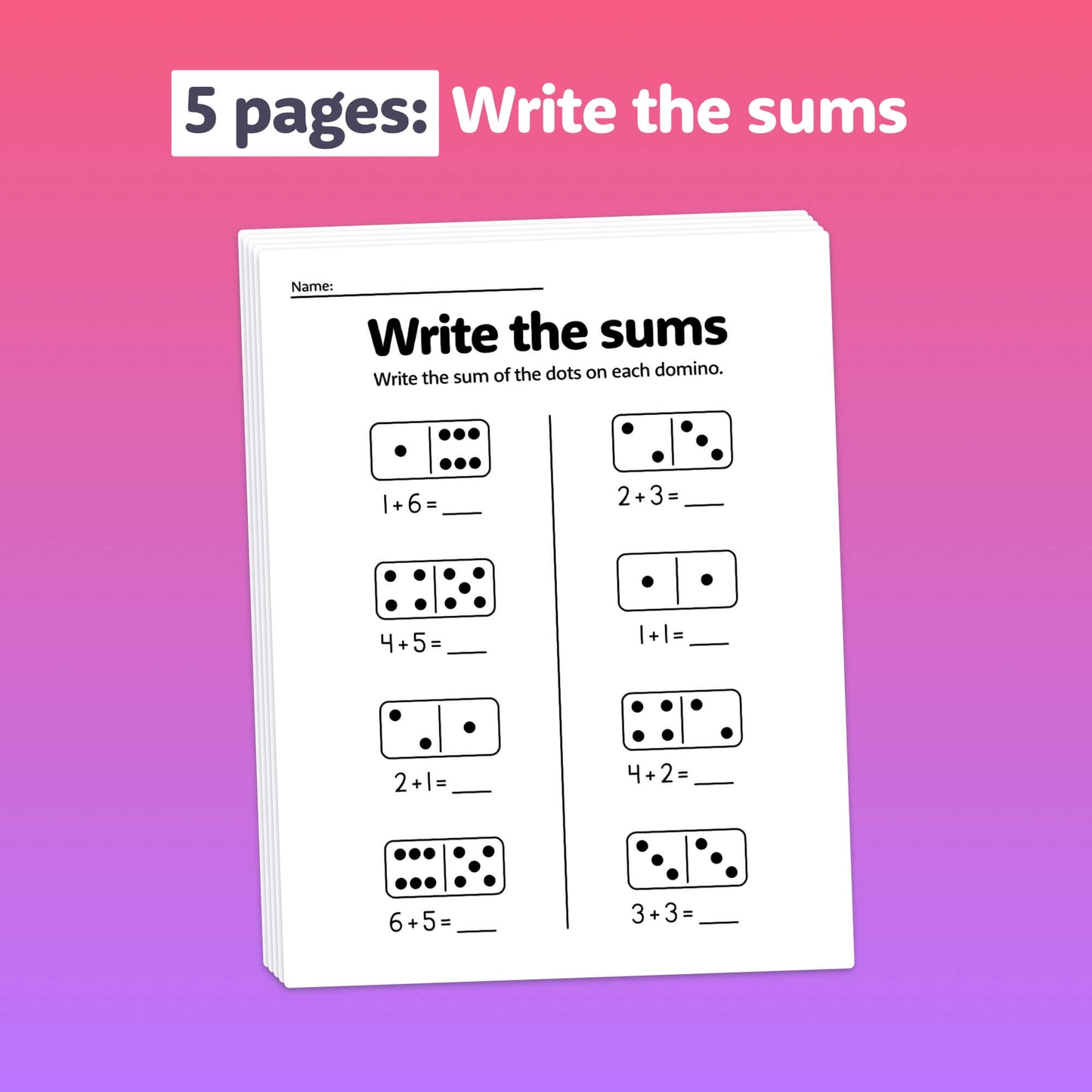 Cover of worksheets with math problems and domino illustrations.