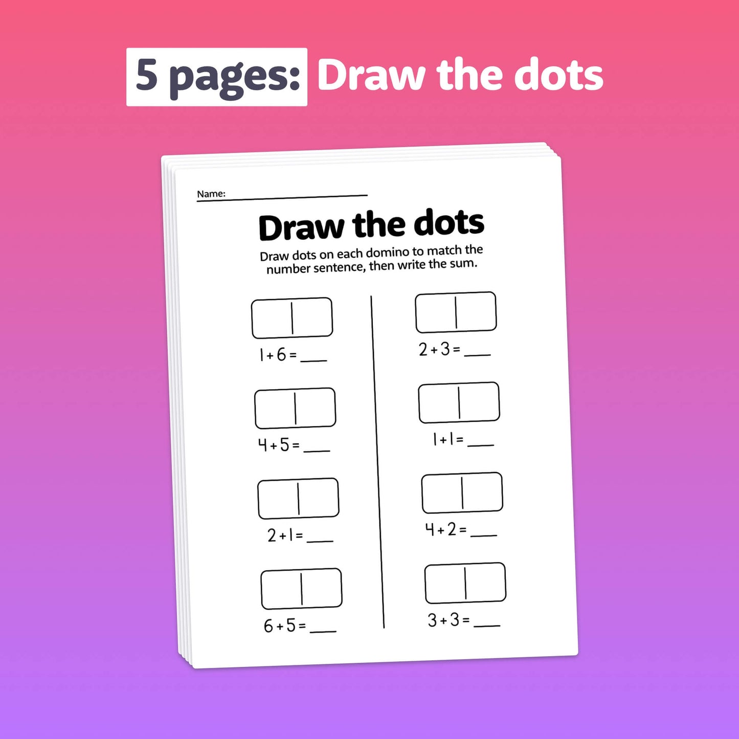 Stack of worksheets with domino addition exercises.