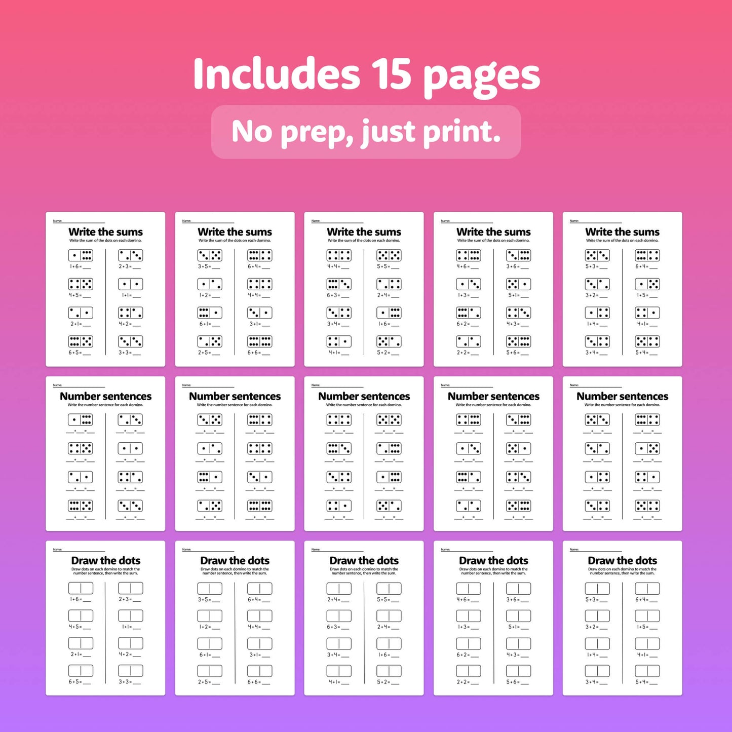 15 pages of Domino Addition Worksheets with sums and dot drawings.