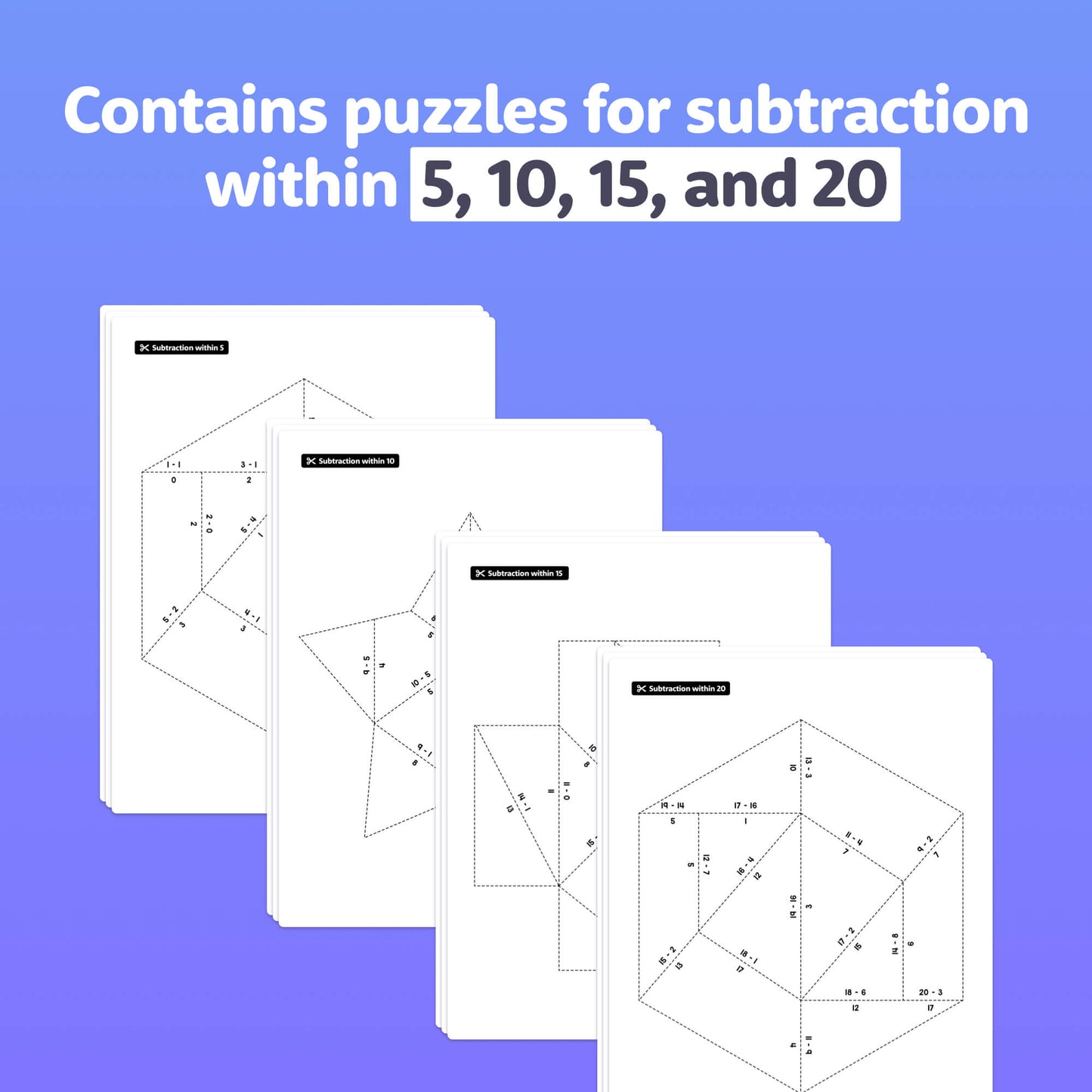 Subtraction puzzles with geometric shapes for numbers up to 20.