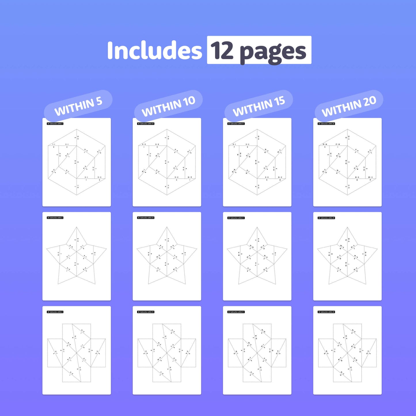 Twelve pages showing star-shaped subtraction puzzles in a grid layout.