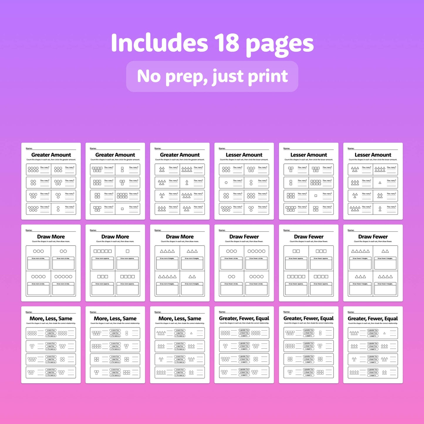 No prep greater, fewer, equal worksheets