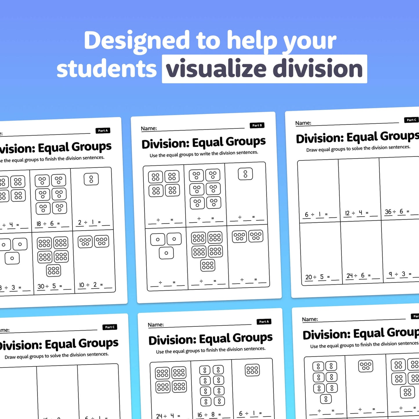 Division worksheets with visuals for equal groups.