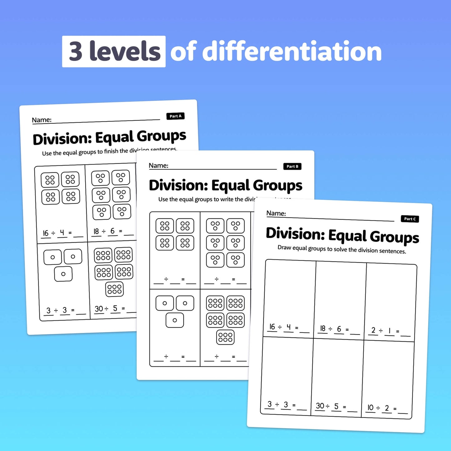 Three Division Equal Groups Worksheets with increasing difficulty levels.
