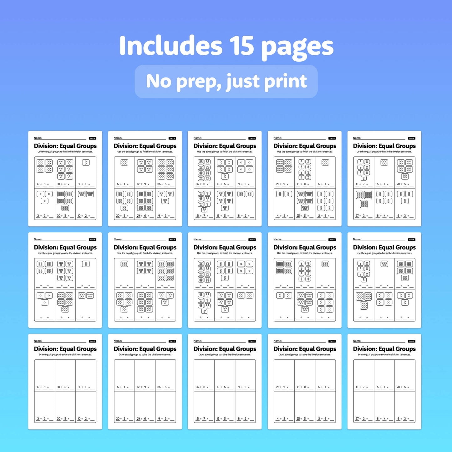 Image showing 15 pages of division worksheets.