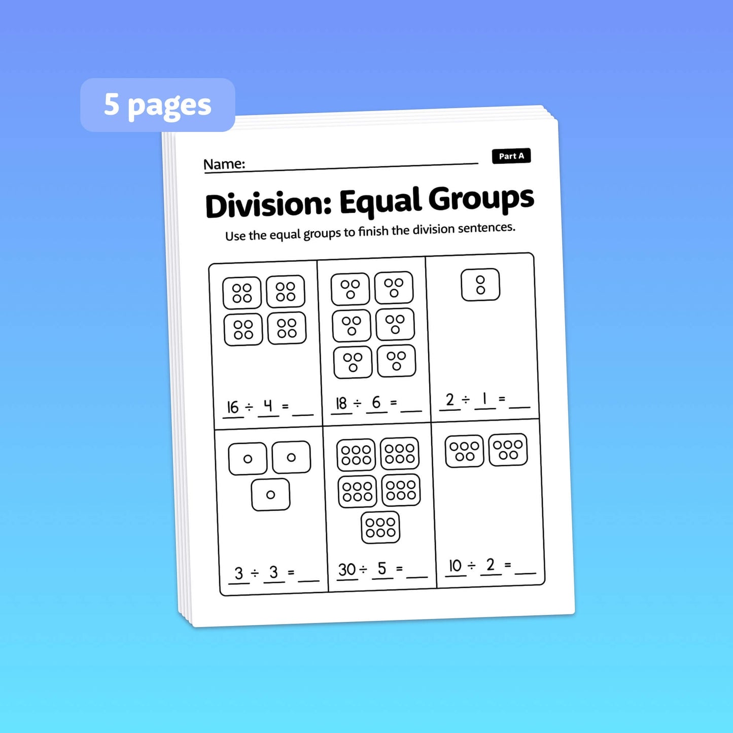 Five-page worksheet with division problems involving equal groups.