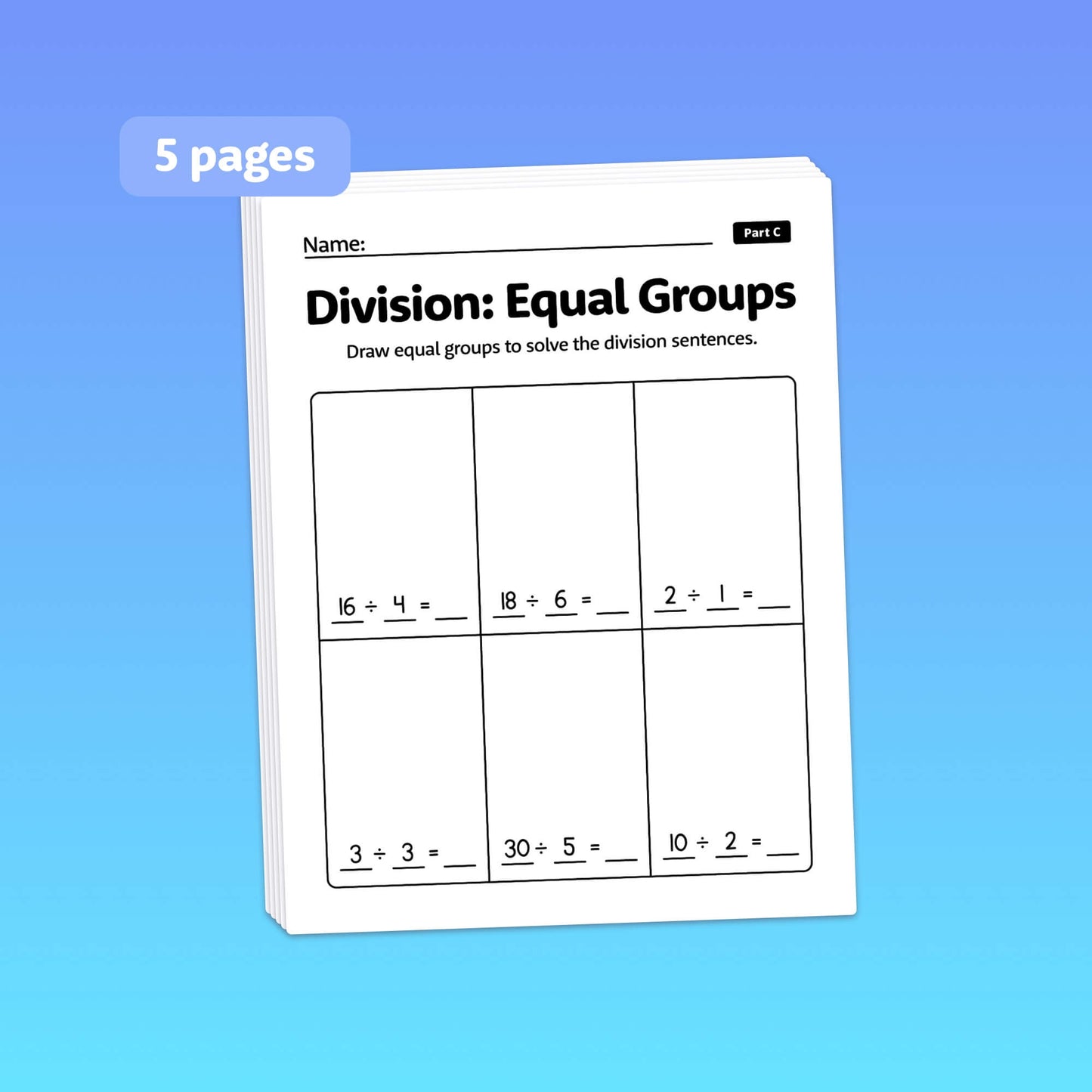 Five pages of worksheets titled "Division: Equal Groups Worksheets.