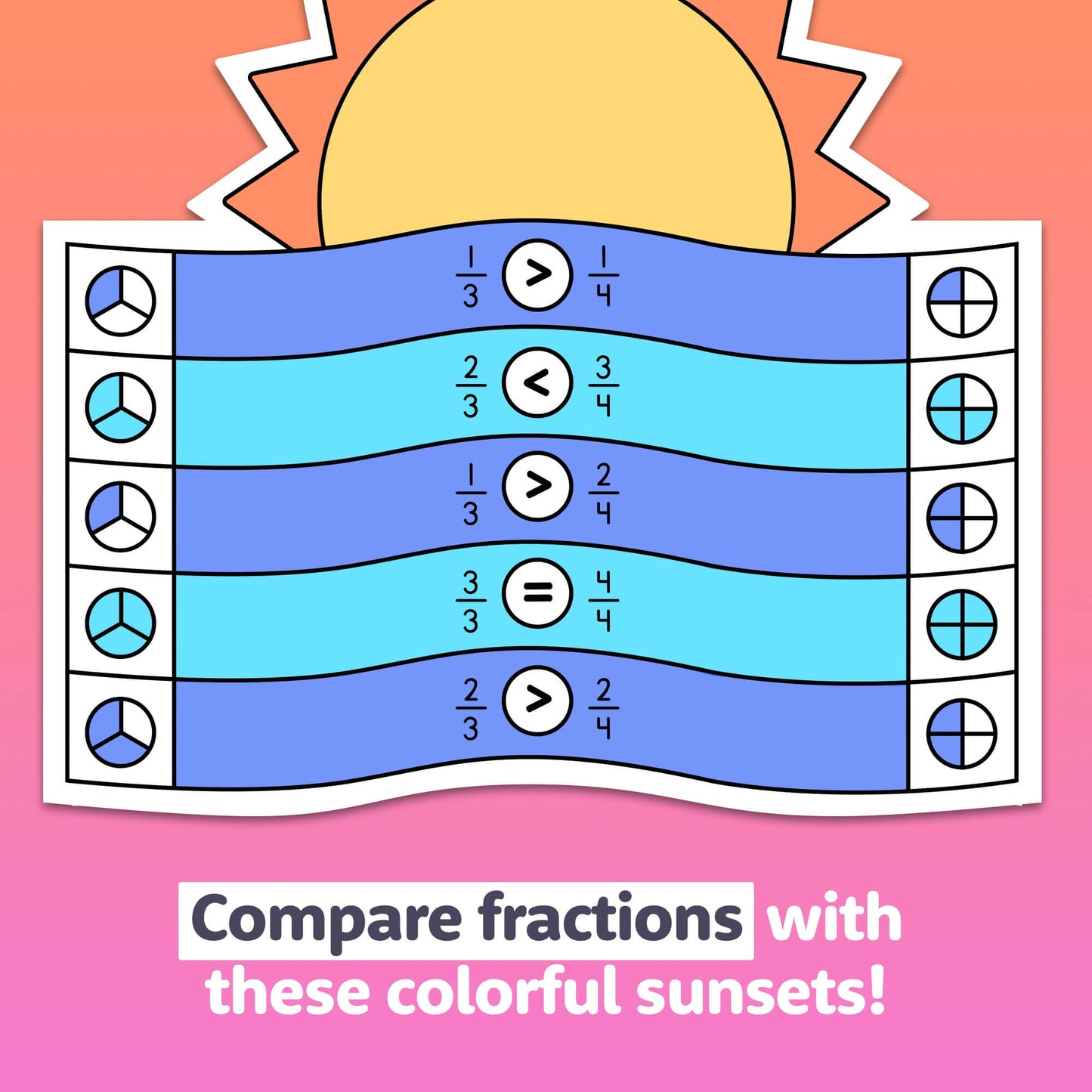 Sun illustration with comparing fractions activity.