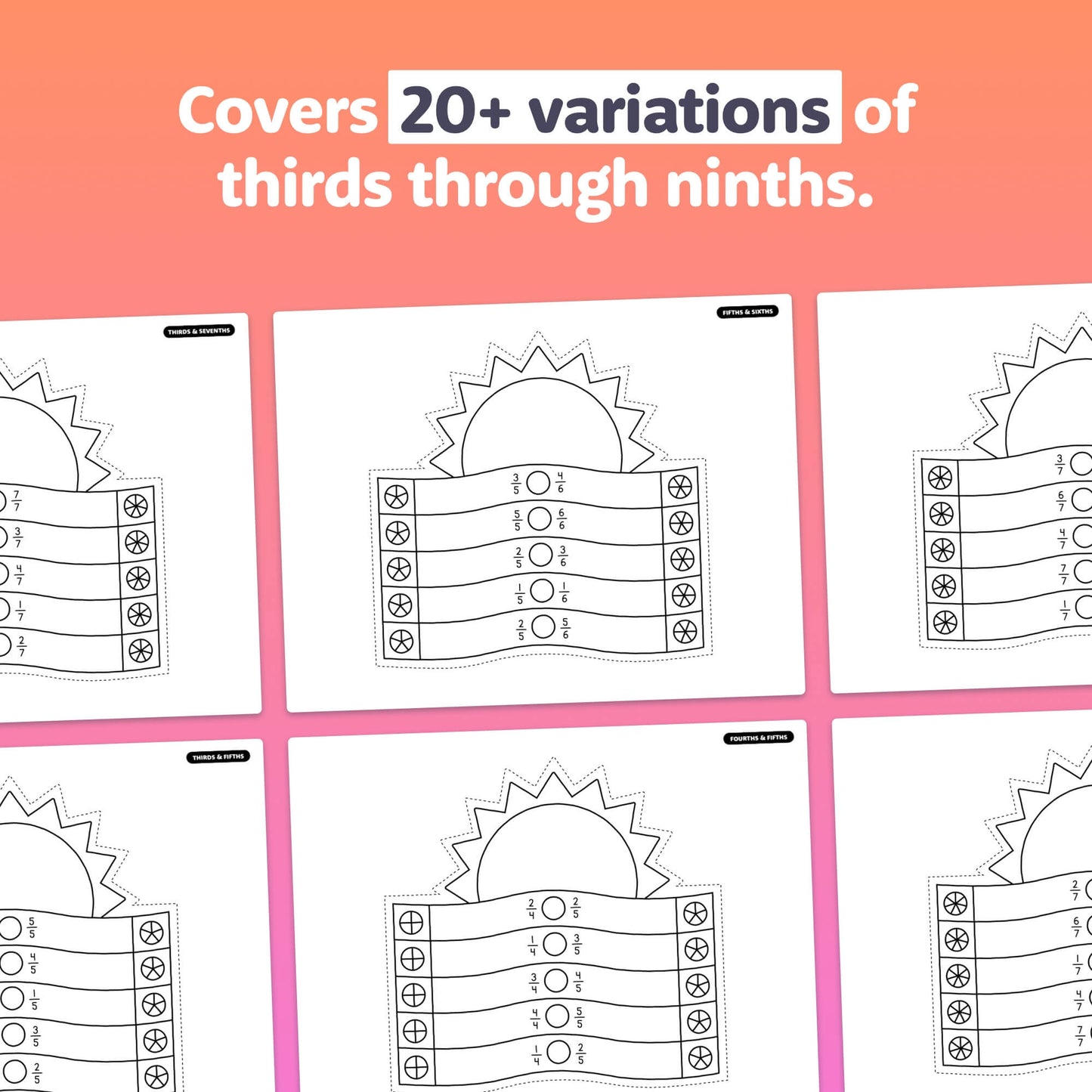 Worksheets comparing fractions with intervals from thirds to ninths.