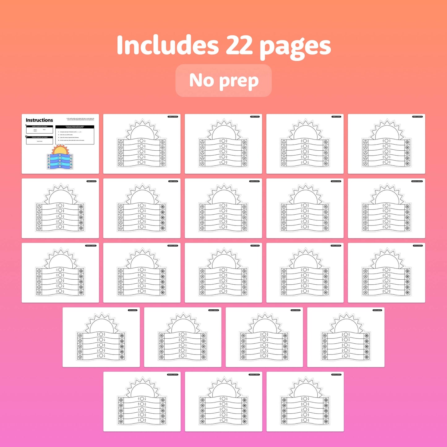 Grid showing 22 pages of educational worksheets with sun and bookshelf graphics.