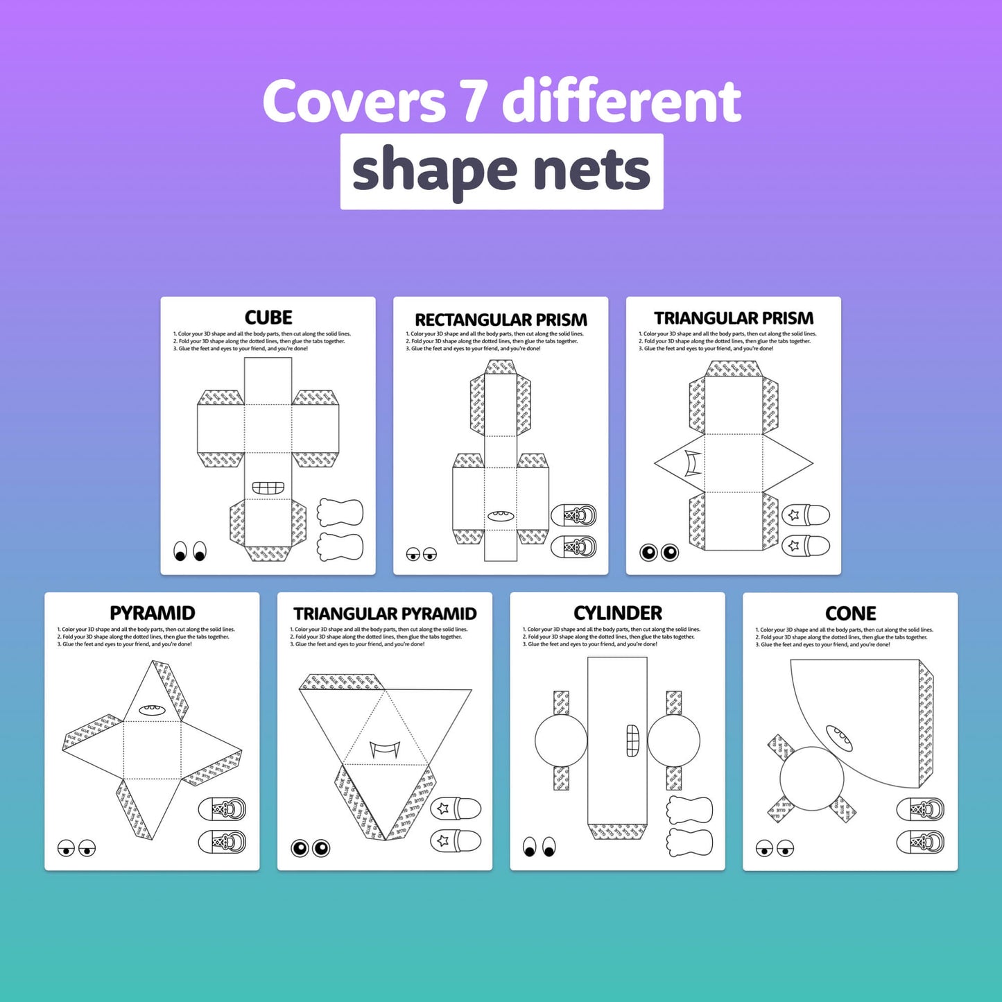 Worksheet with net diagrams for 3D shapes craft.