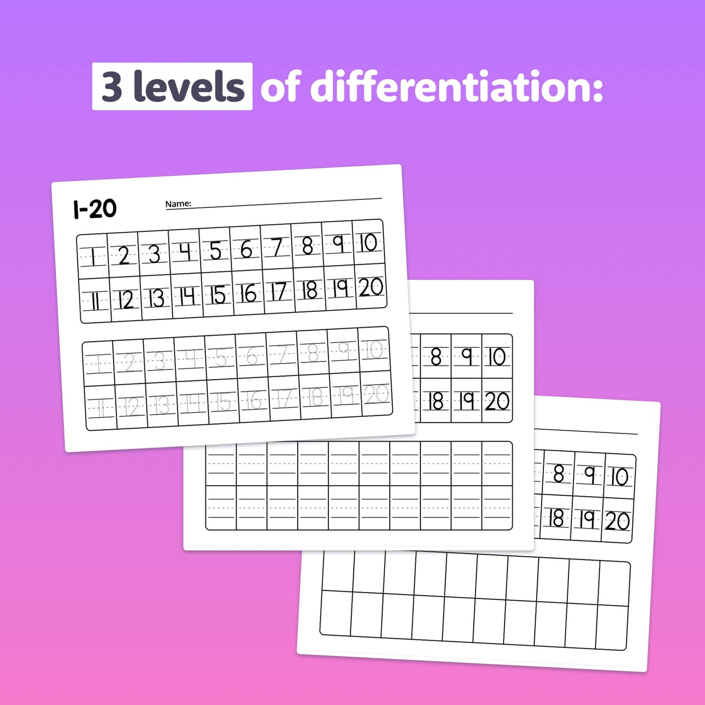 Three worksheets showing counting practice from 1 to 20 at varying difficulty levels.