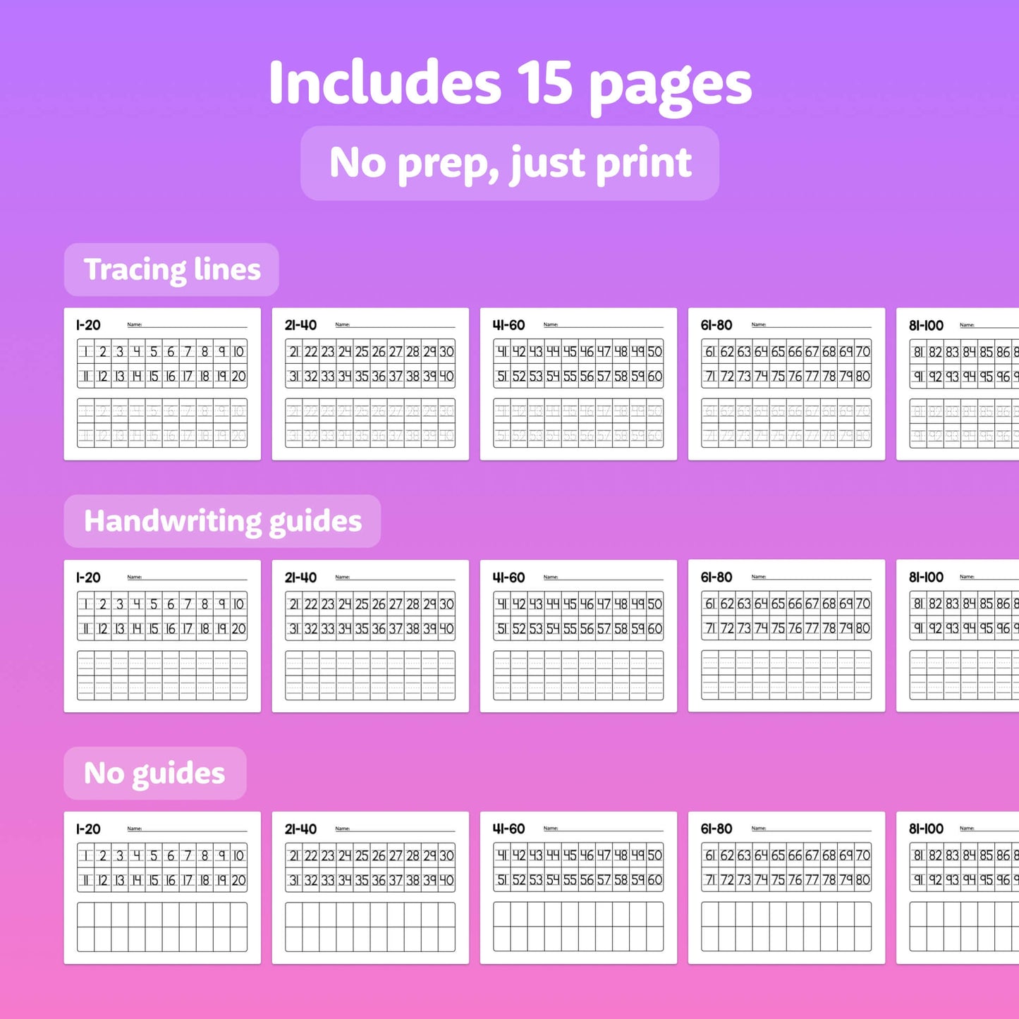Handwriting worksheets for numbers 1-100 with tracing lines and handwriting guides.