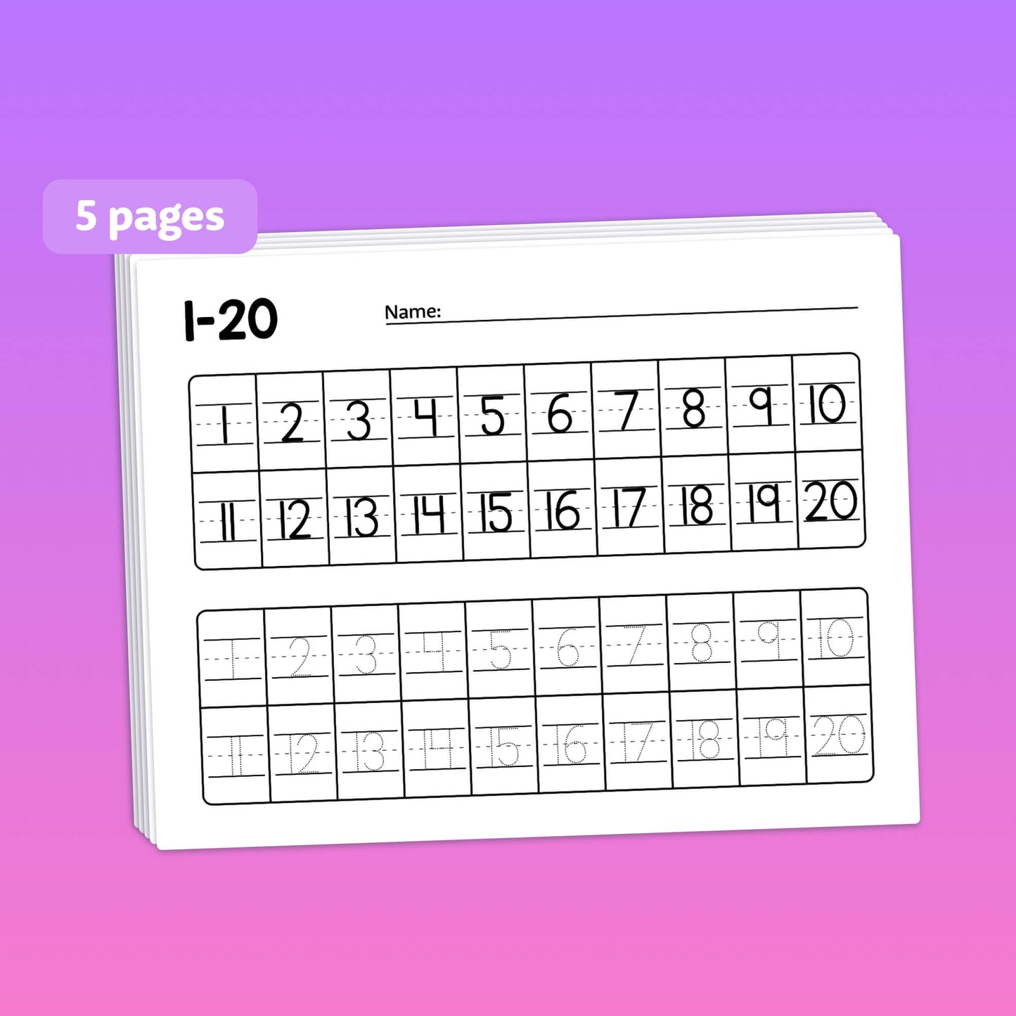 Stack of worksheets for handwriting practice with numbers 1-100.
