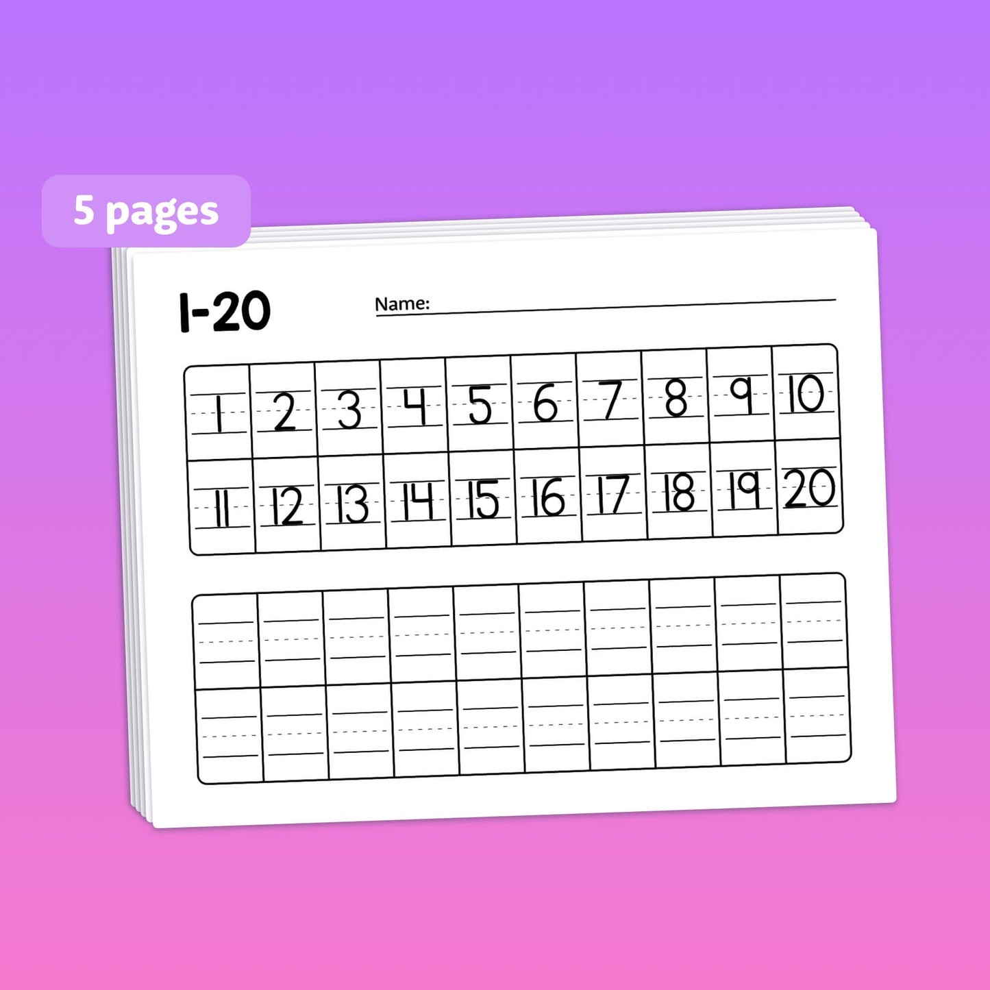 Practice worksheet "Handwriting Numbers 1-20" with numbers 1-20 shown.