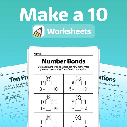 10 worksheets with number bonds showing combinations that sum to 10.