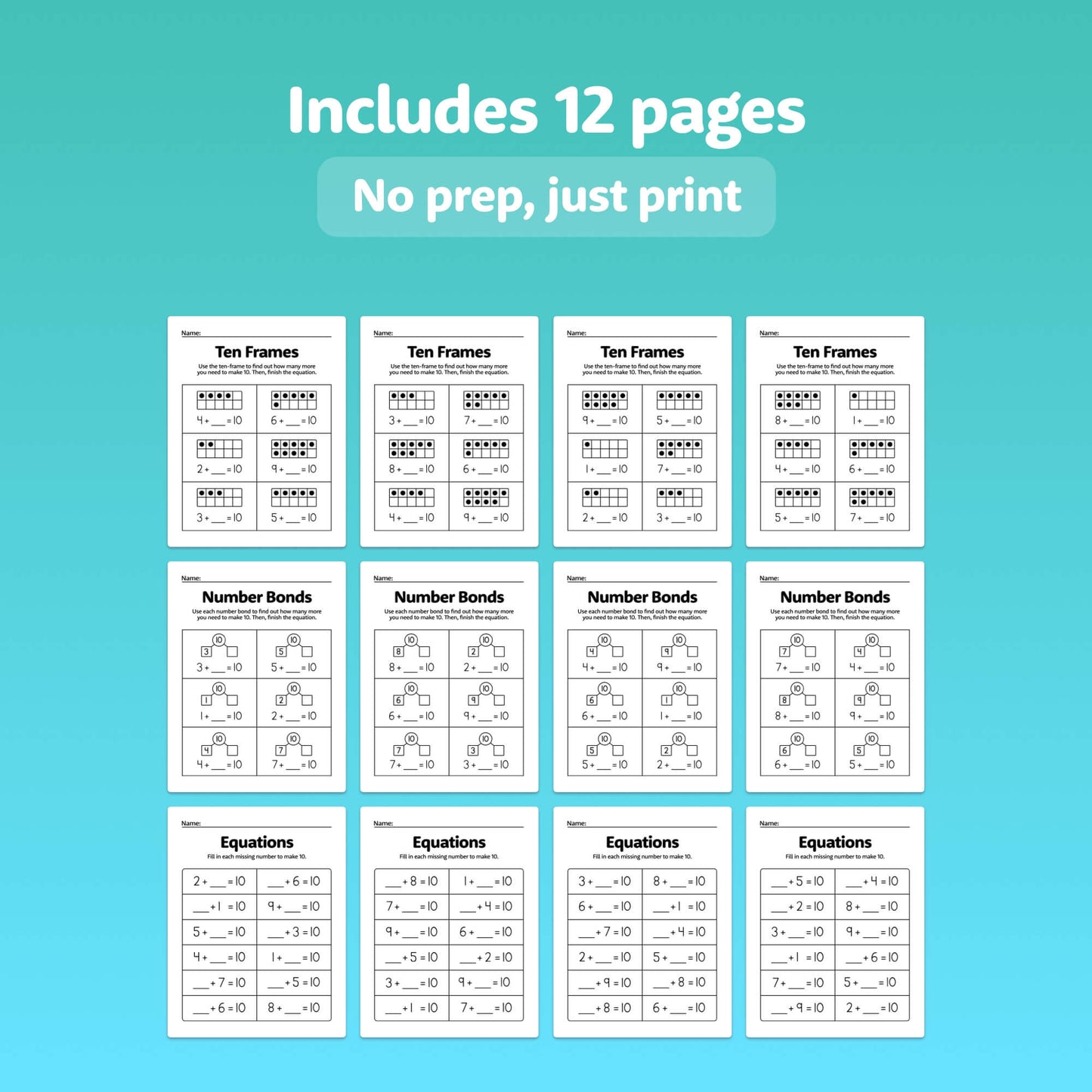 Includes 12 pages of "Make a 10" math worksheets.