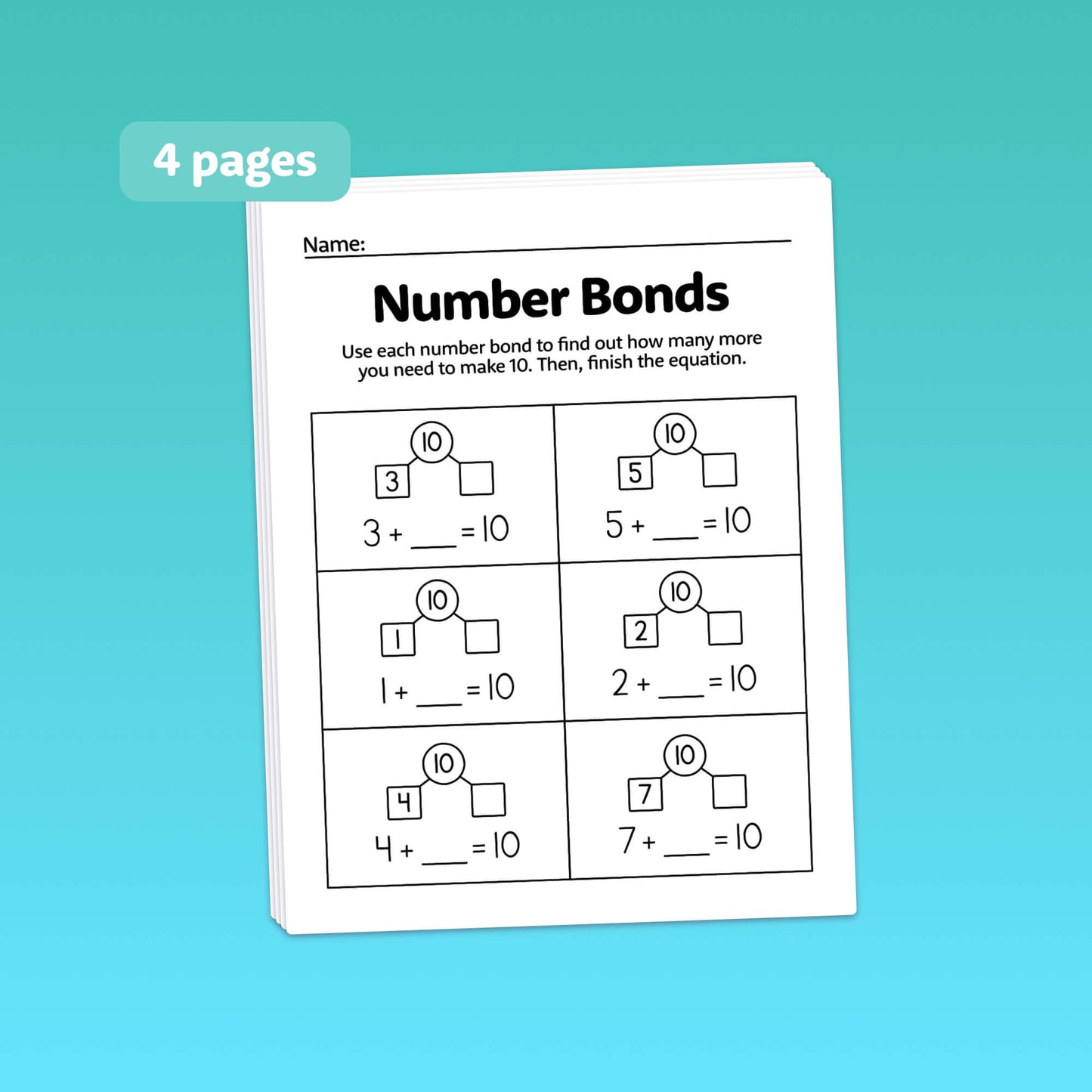 Packet of worksheets with number bond exercises to make sums of 10.