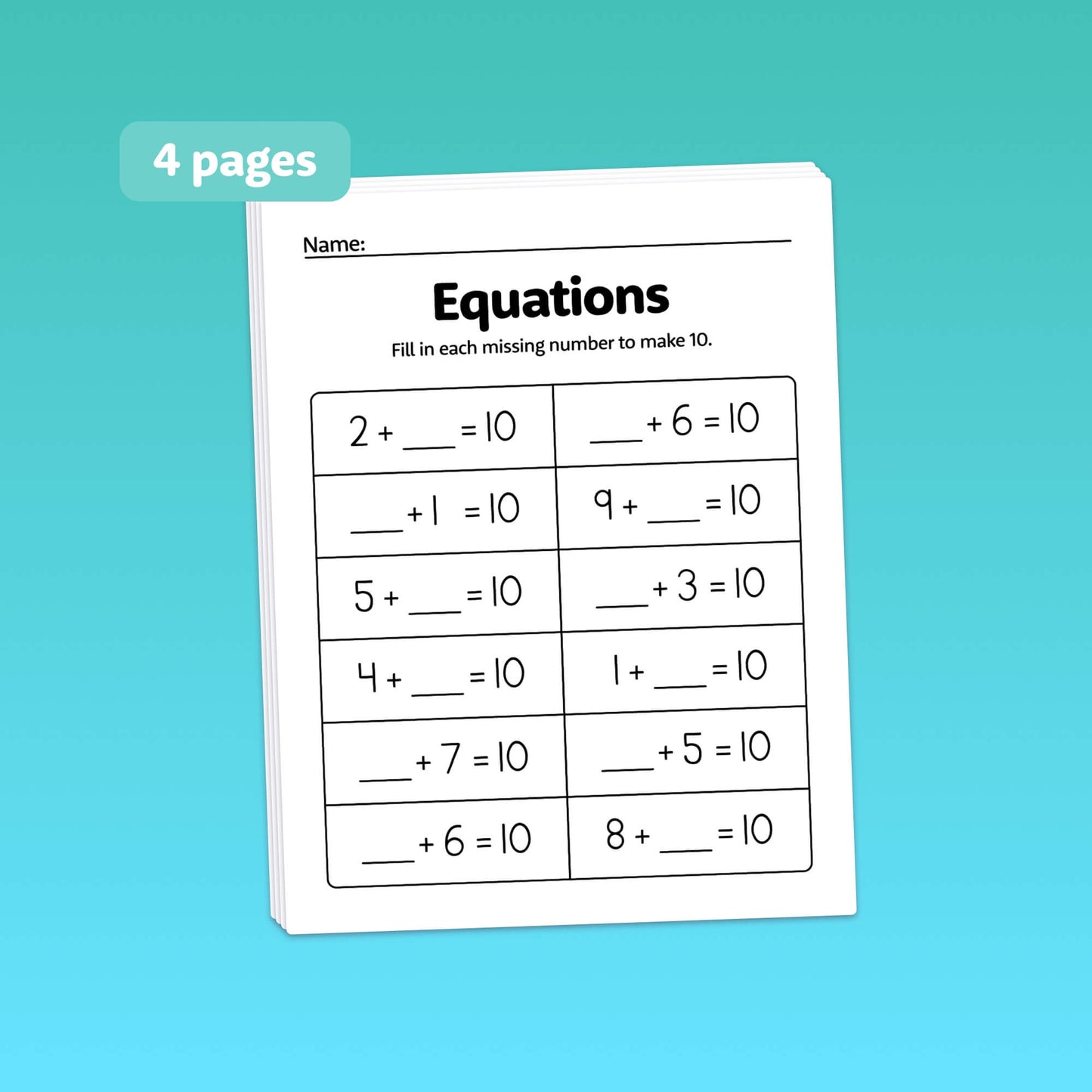 Worksheet titled "Make a 10 Worksheets" with math problems to sum 10.
