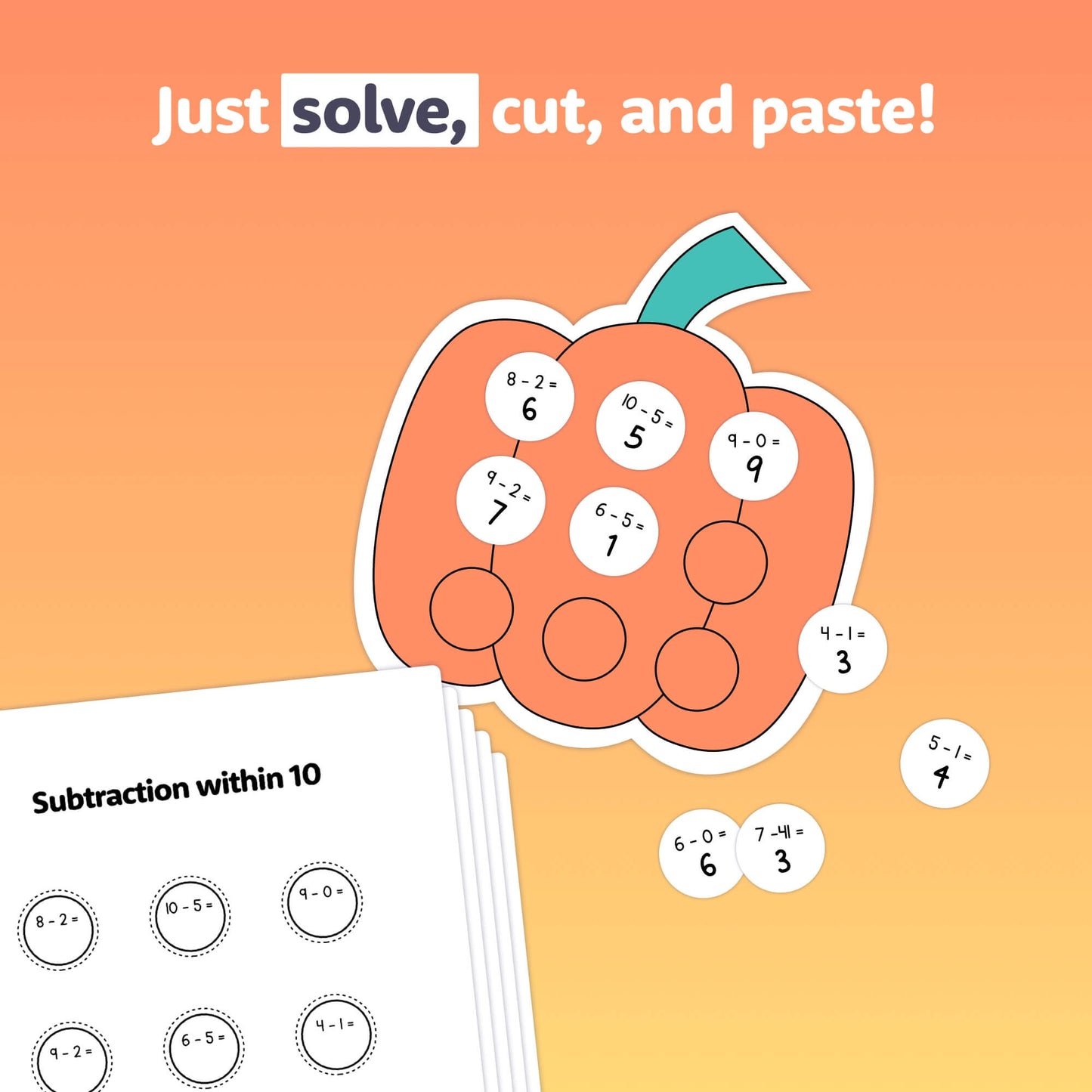 Pumpkin-themed math activities with addition and subtraction problems and cut-and-paste circles.