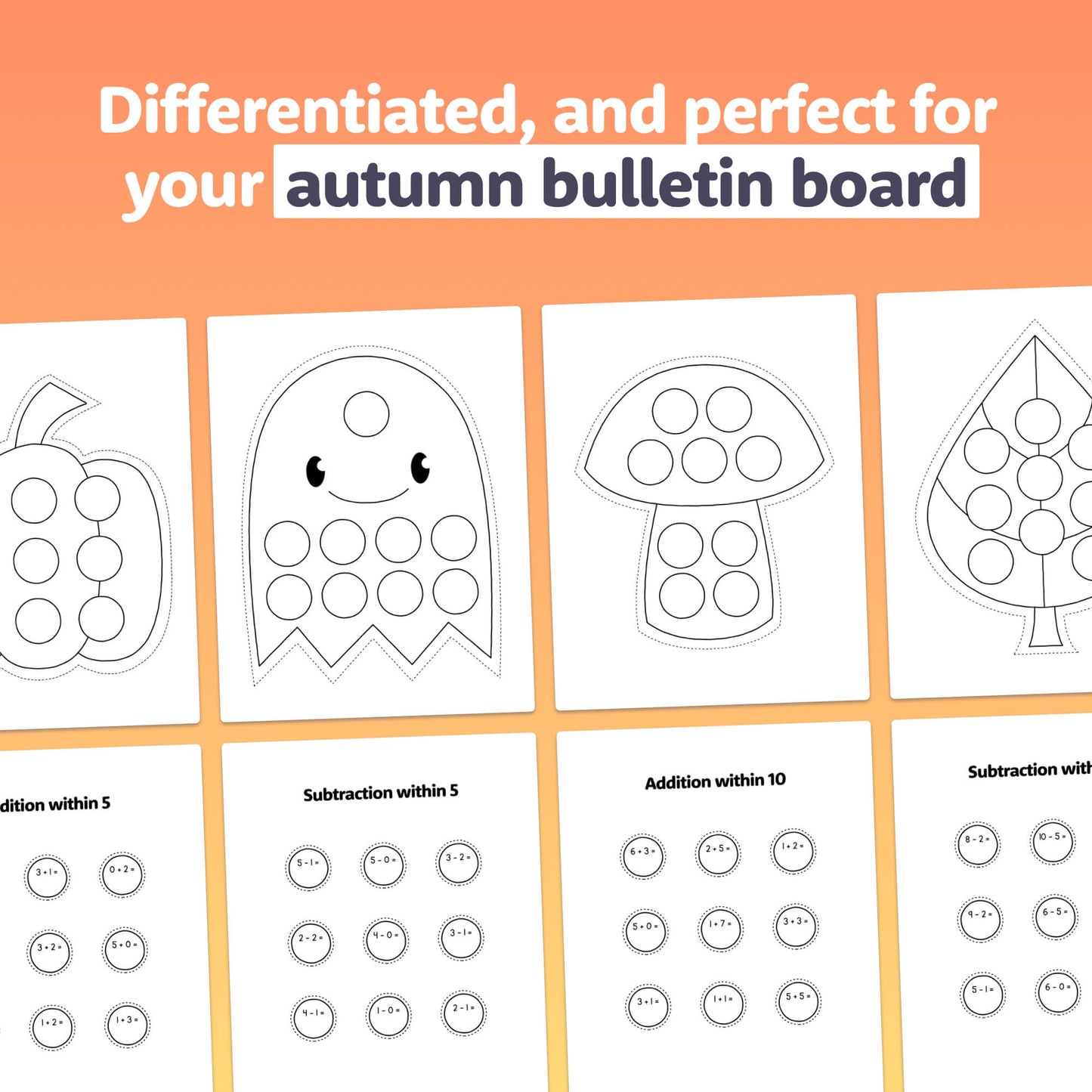 Autumn-themed math worksheets for addition and subtraction displayed on bulletin boards.