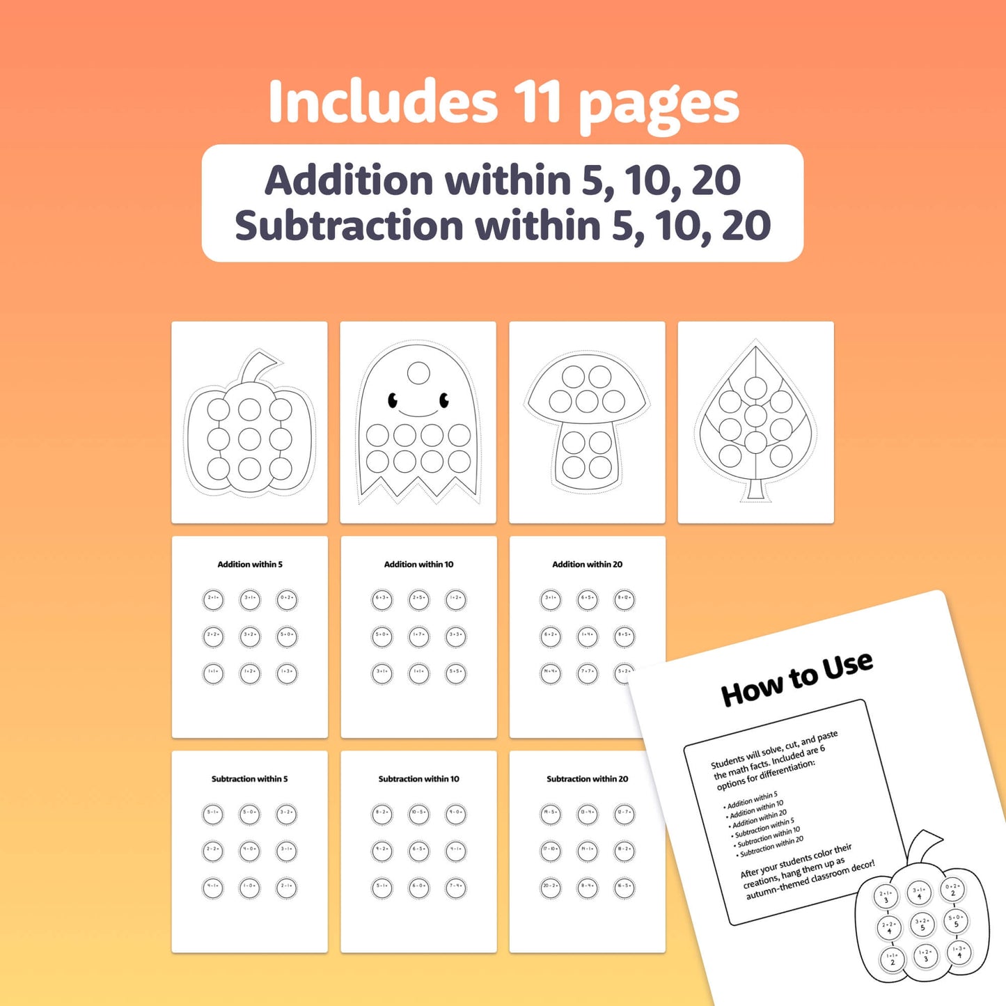11 pages of autumn-themed addition and subtraction worksheets for early learners.