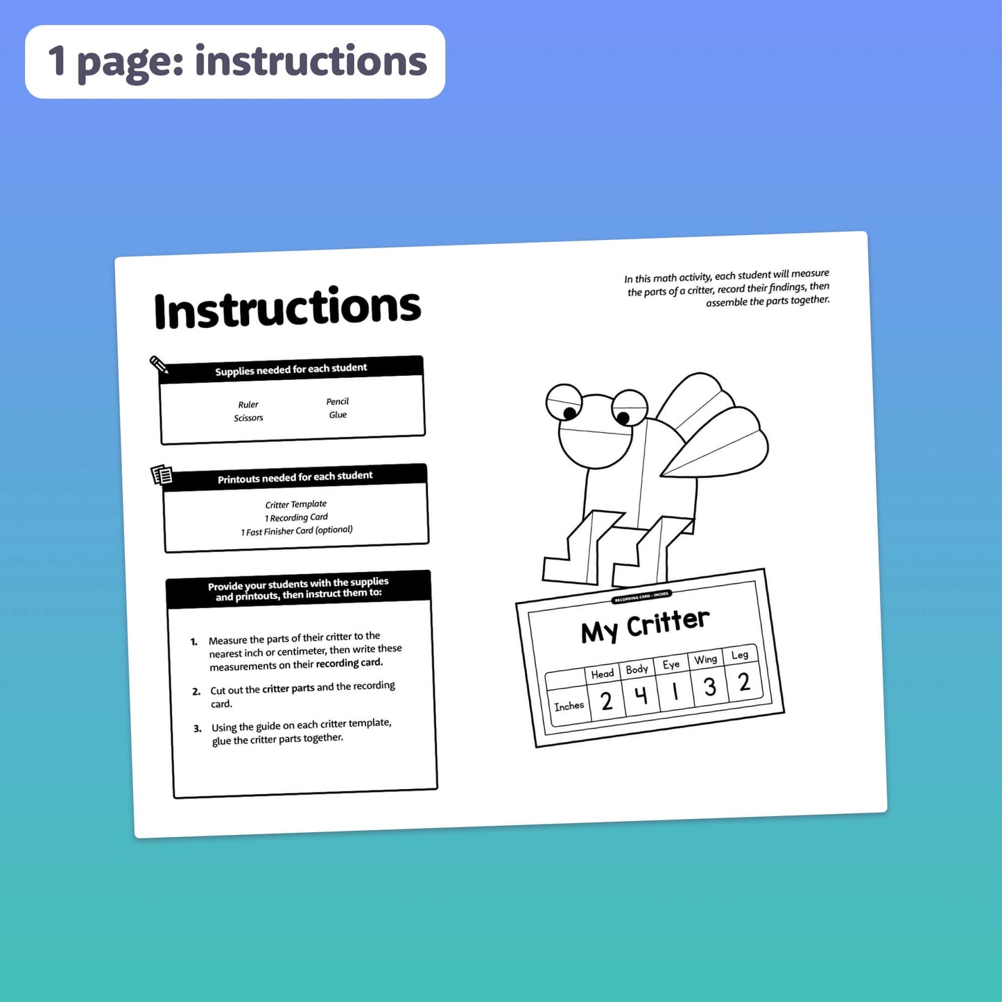 Guide page for the Measuring Critters Craft worksheet.