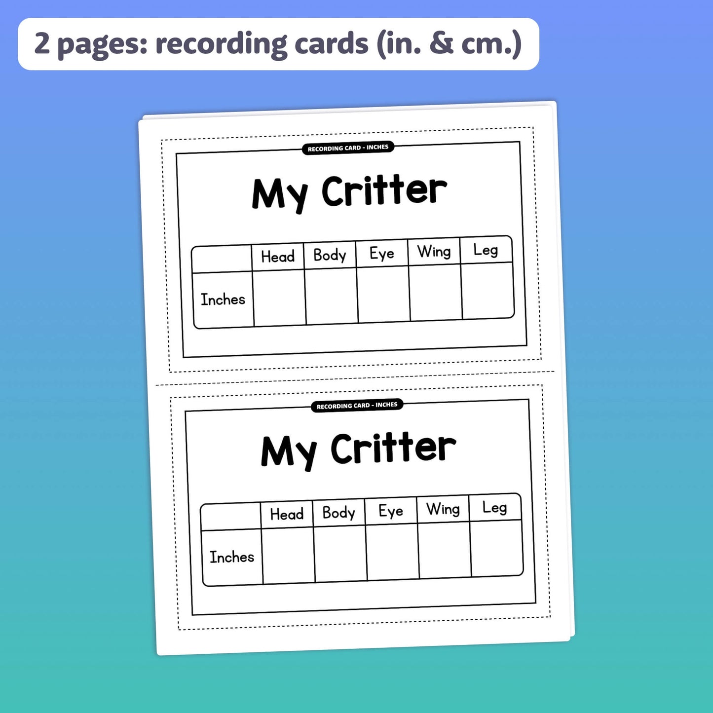 Craft cards for measuring critters in inches and centimeters.