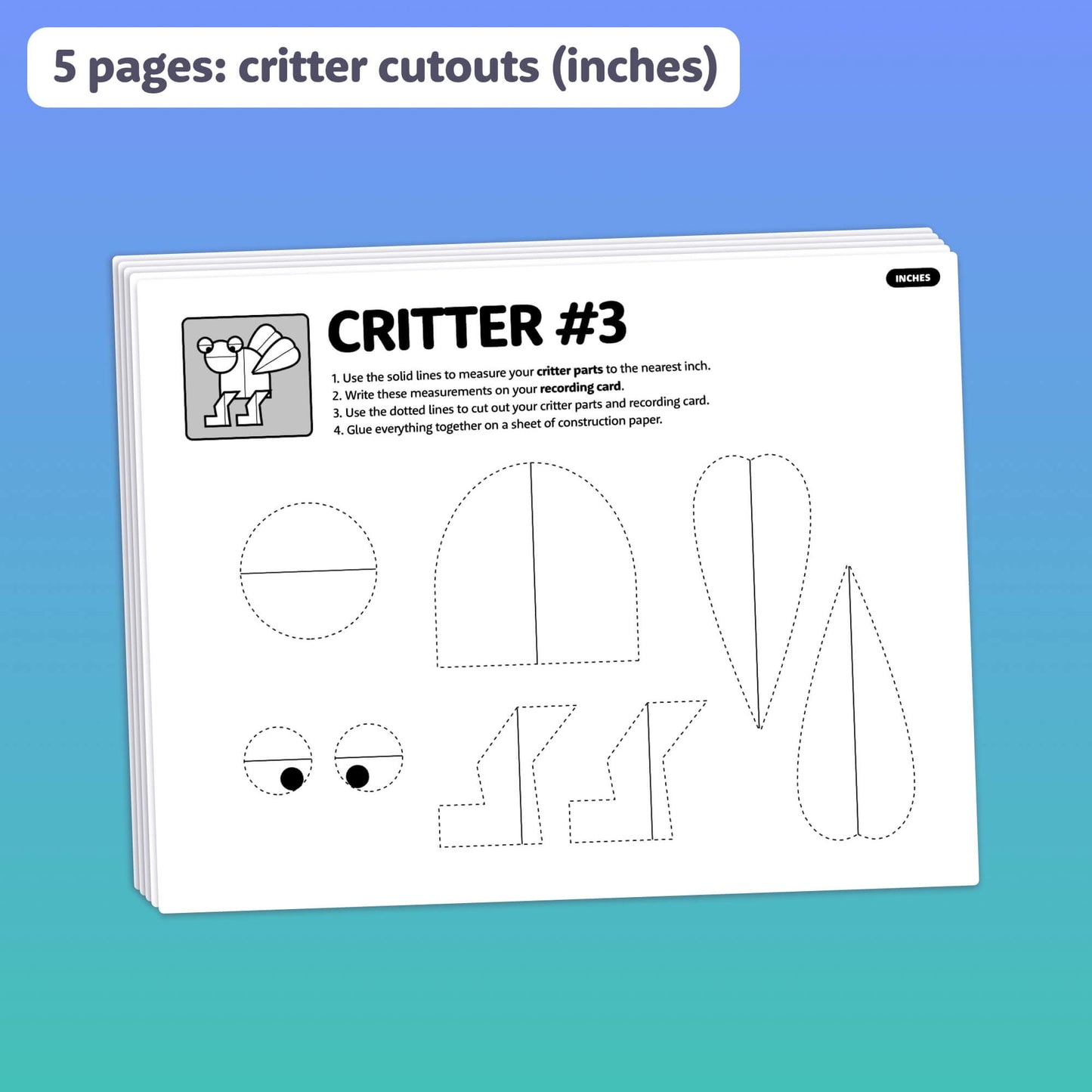 Critter-shaped cutouts with step-by-step measuring instructions.