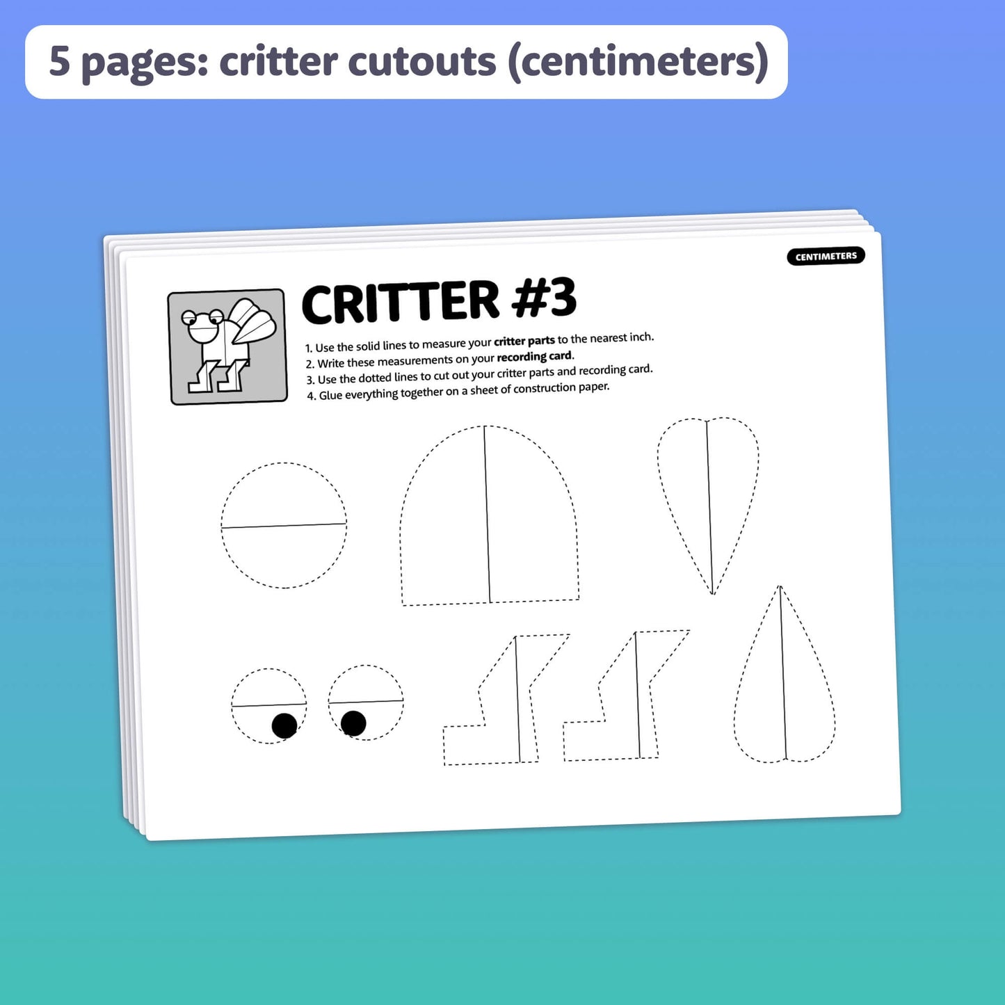 Measuring Critters Craft cutout shapes with centimeter instructions.