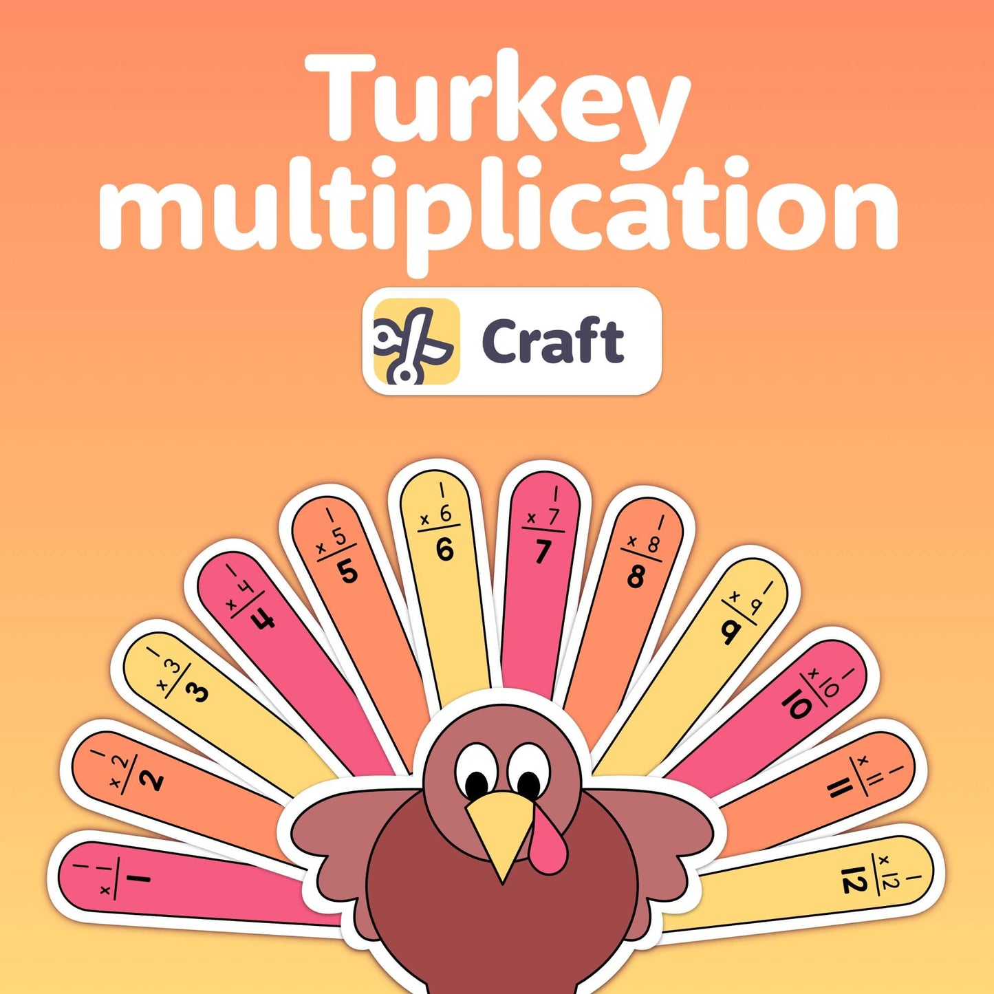 Turkey craft with multiplication problems on its feathers.