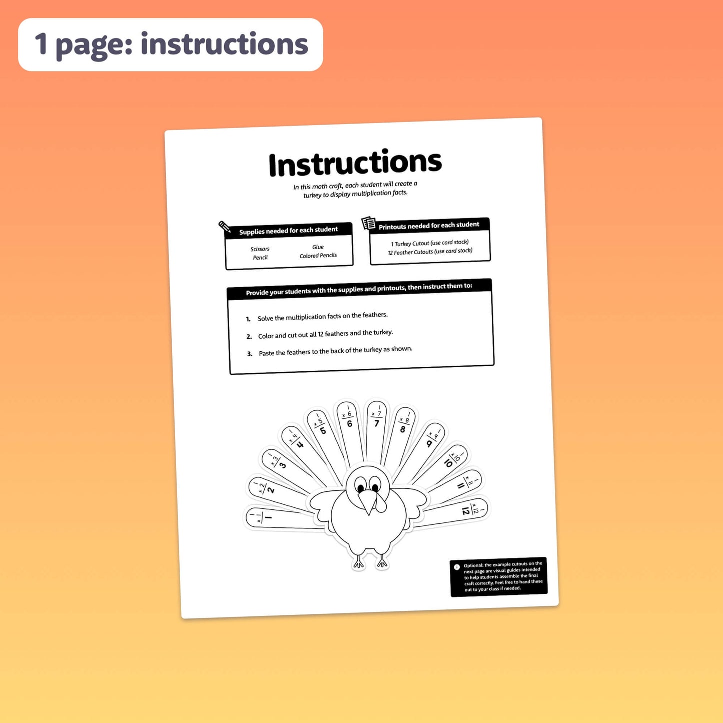 Instruction sheet with a turkey drawing and math equations on its feathers.