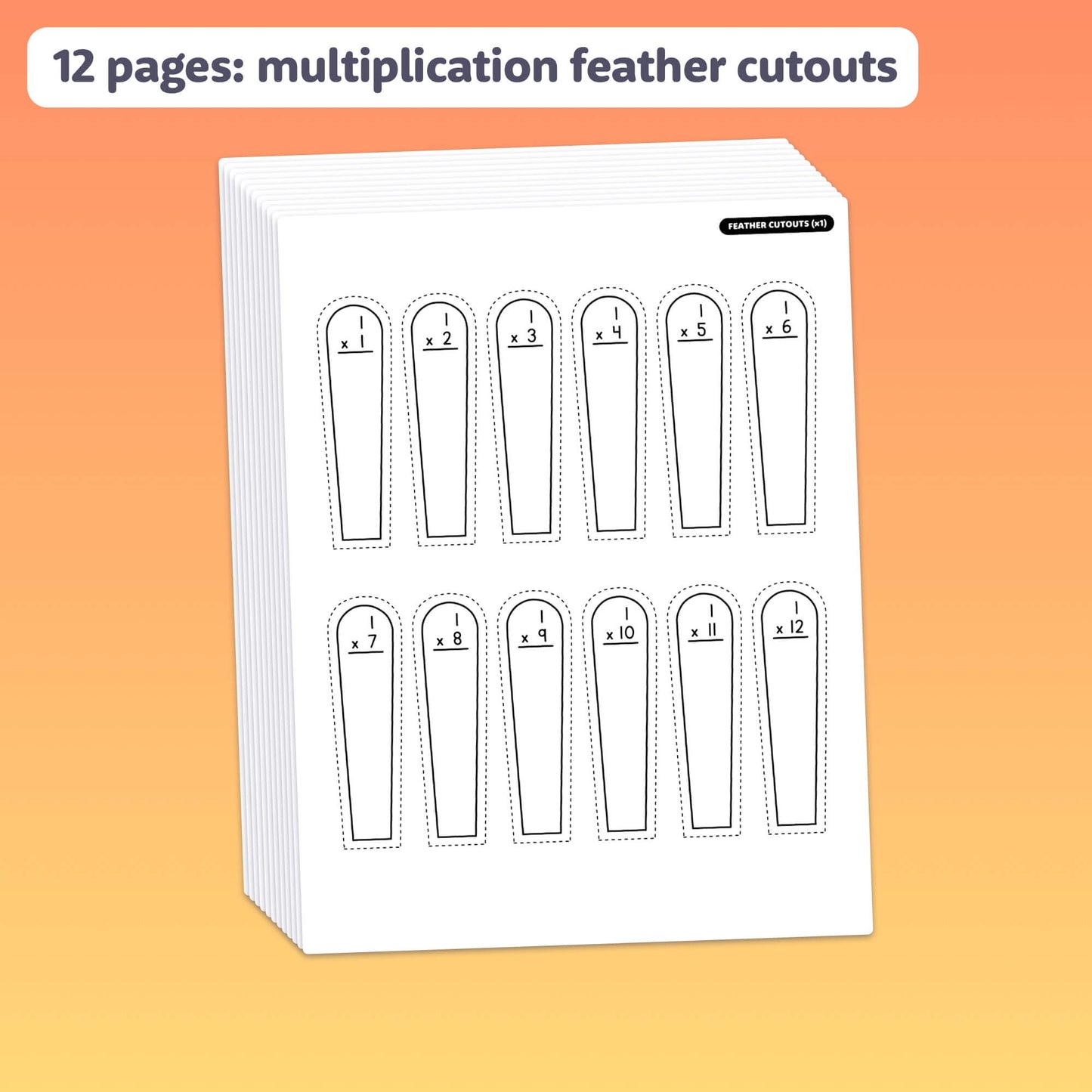 Stack of pages showing a turkey craft with feather cutouts labeled 1x2 to 1x12.
