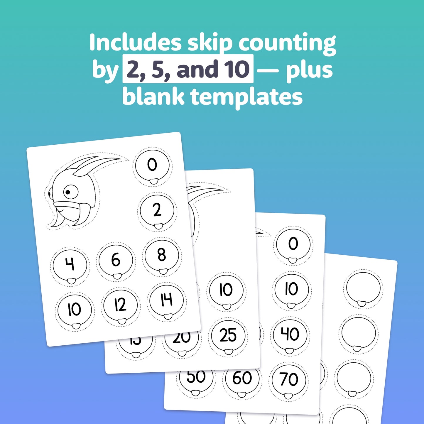 Activity sheets for skip counting by 2, 5, and 10 with bug-themed templates.