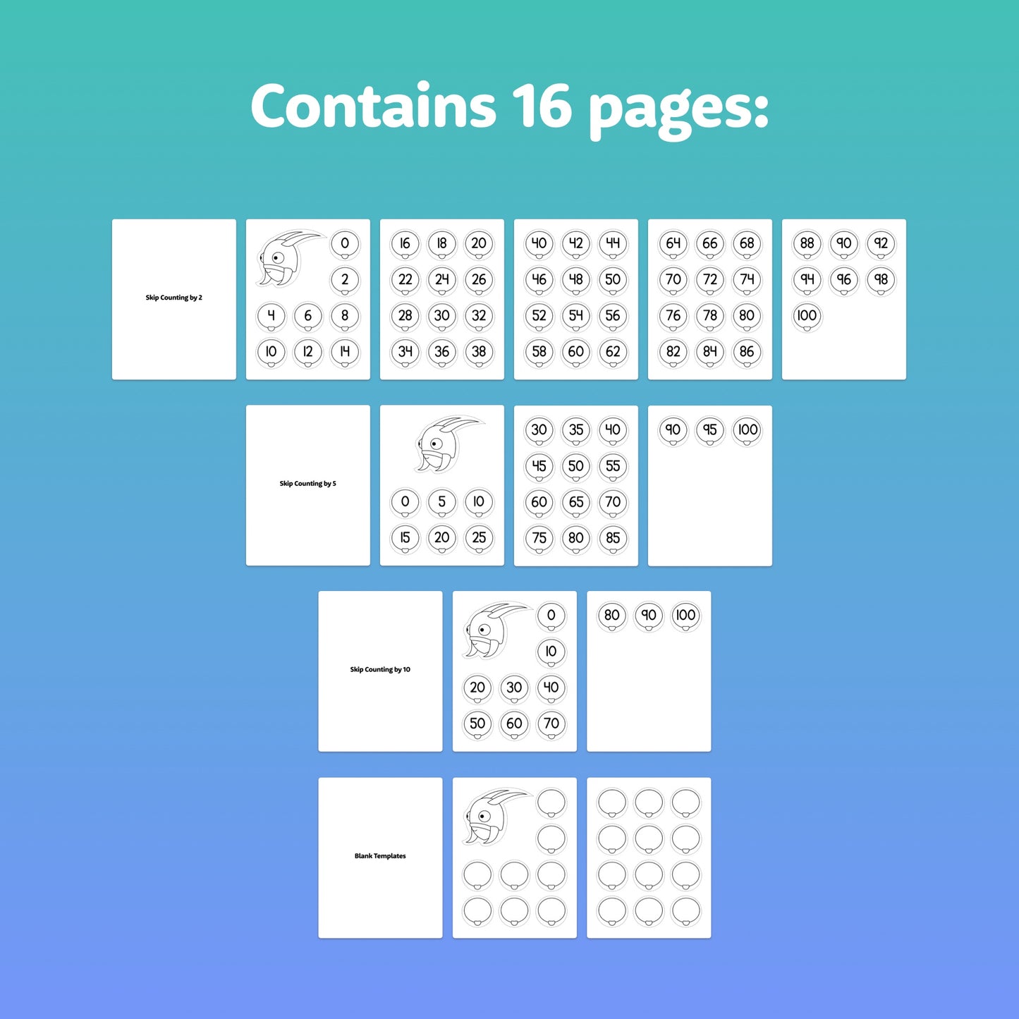 Preview showing 16 white pages with numbers and centipede images.