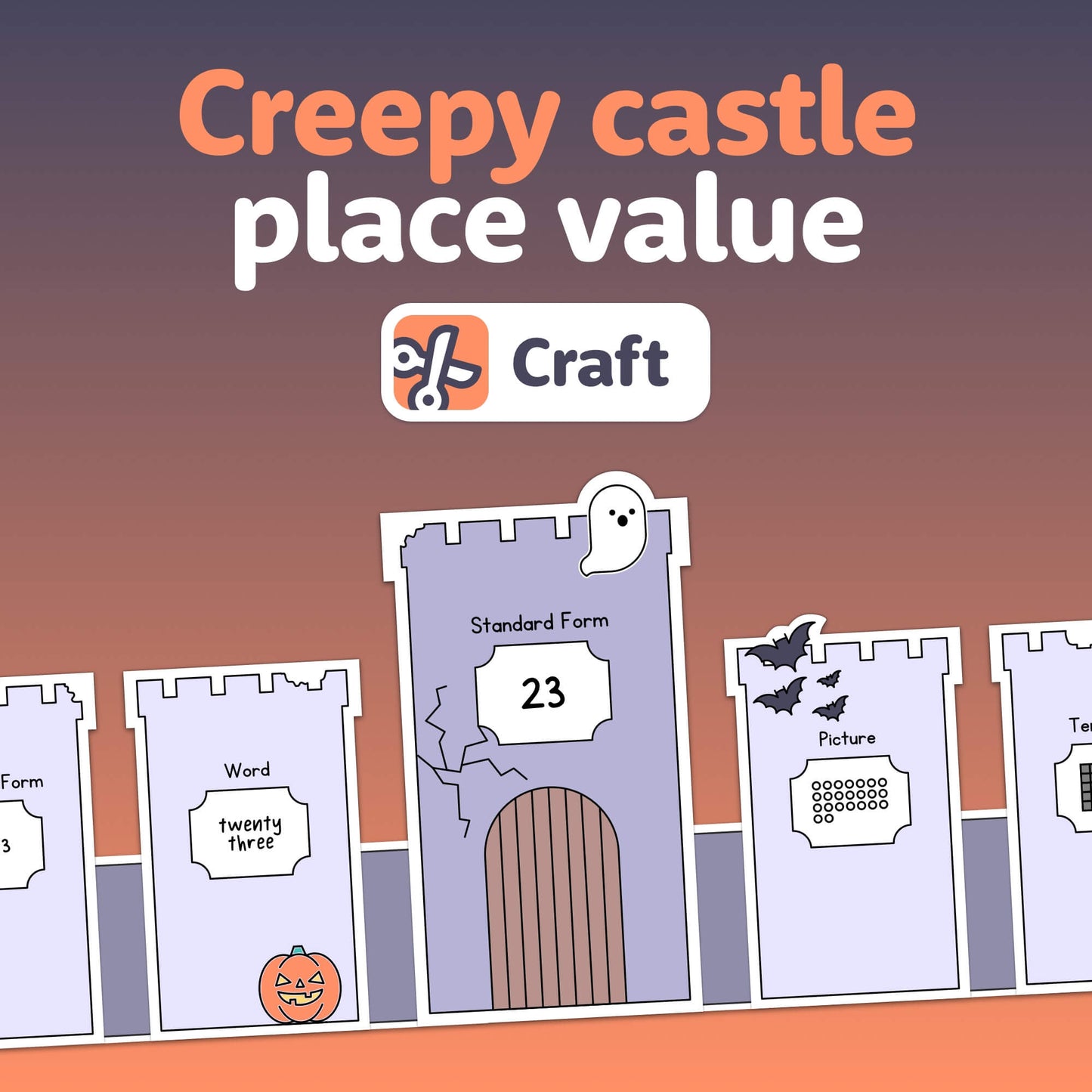 Halloween Castle Place Value Craft with numbers, words, pictures, and forms.