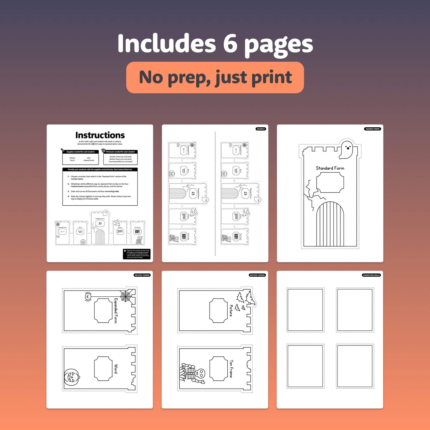 Castle-themed place value activity with 6 printable pages and detailed instructions.