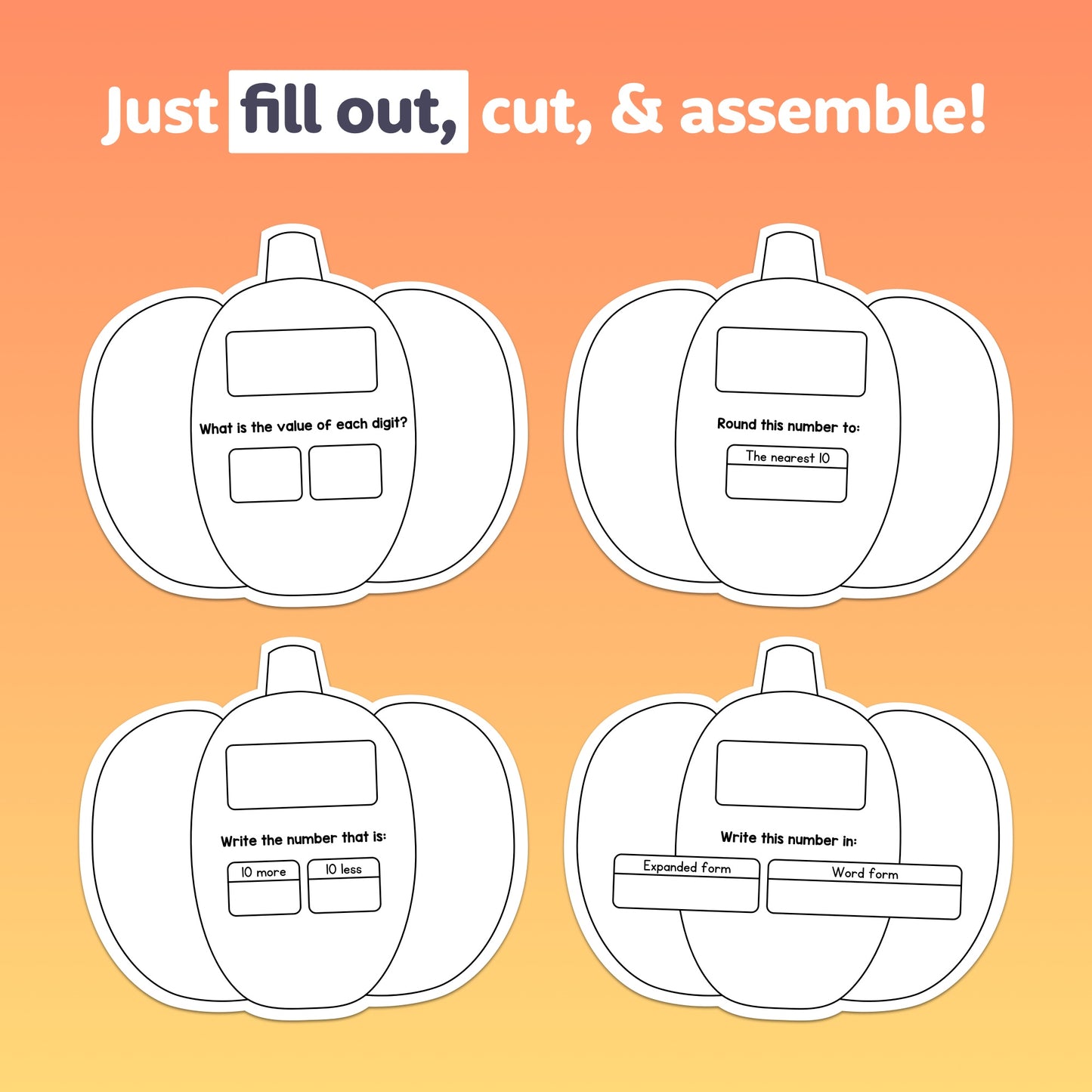Four pumpkin-themed place value crafts for students to complete and assemble.