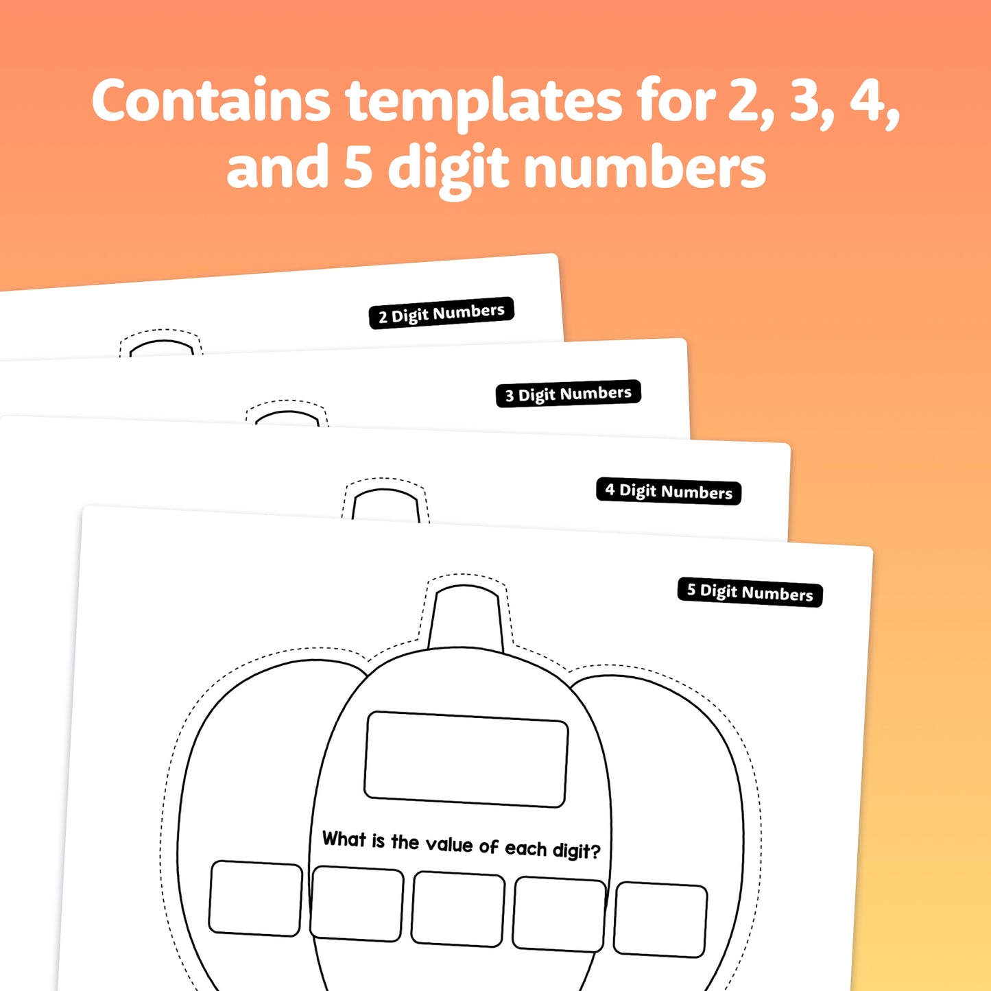 Templates for 2, 3, 4, and 5 digit numbers with pumpkin-themed designs.