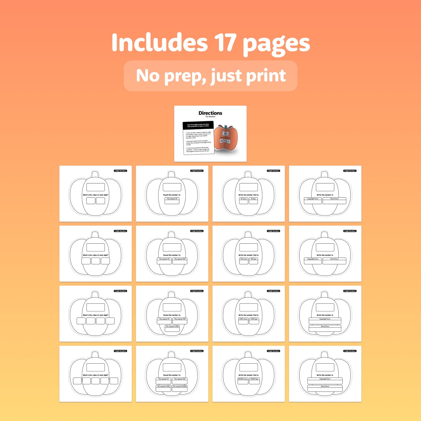 Pumpkin Place Value Craft activity sheets with 17 pages. Text: No prep, just print.