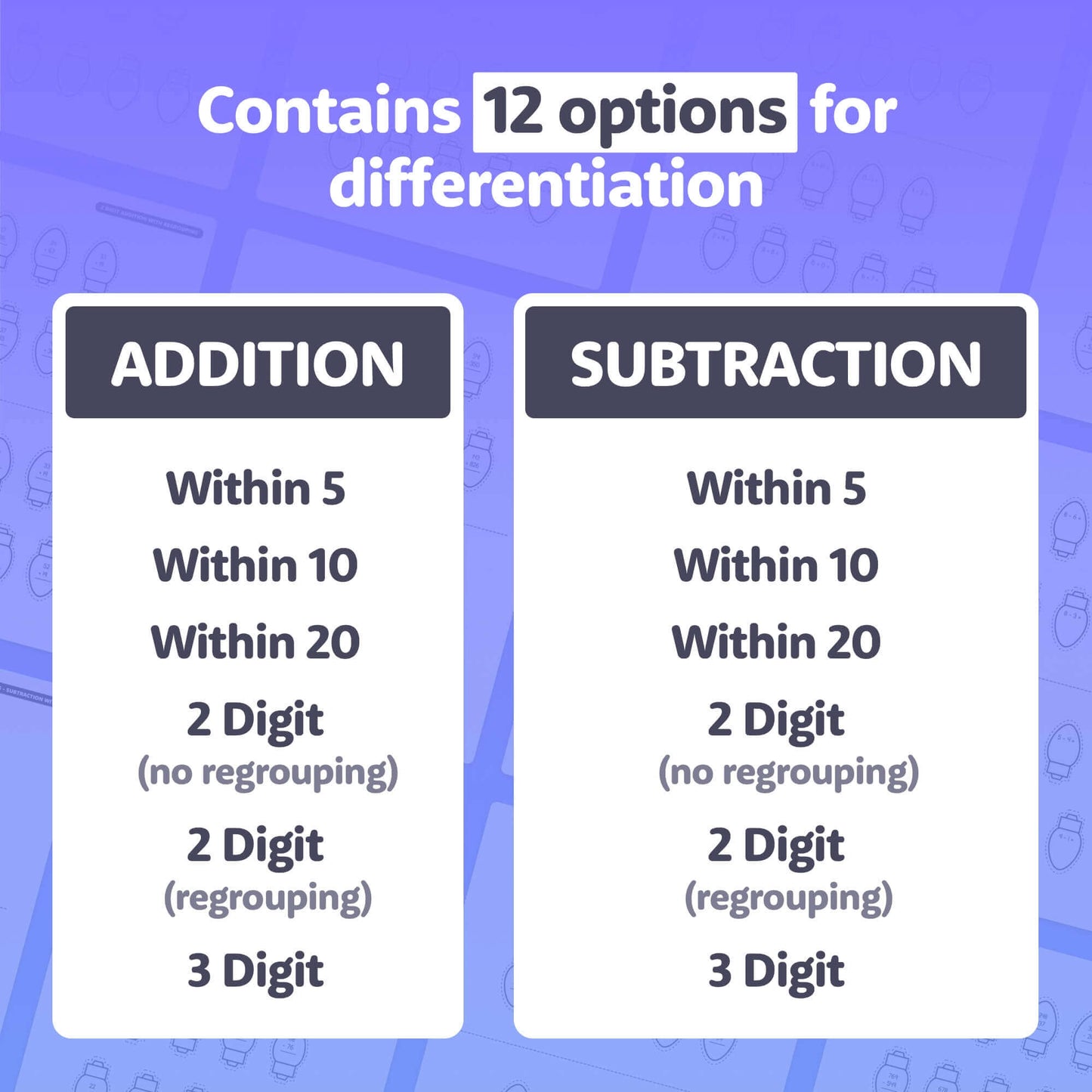 Differentiation options include addition and subtraction within 5, 10, 20, and using 2- or 3-digit numbers.