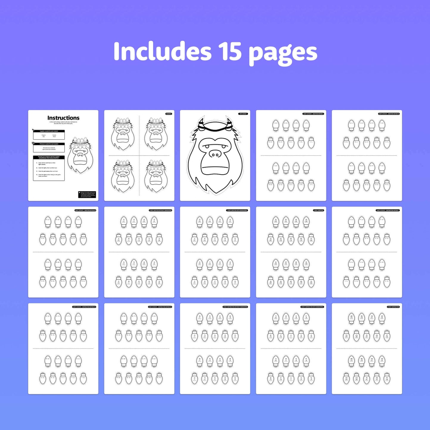 Digital product titled "Winter Yeti Math Craft" with a 15-page illustrated art tutorial.