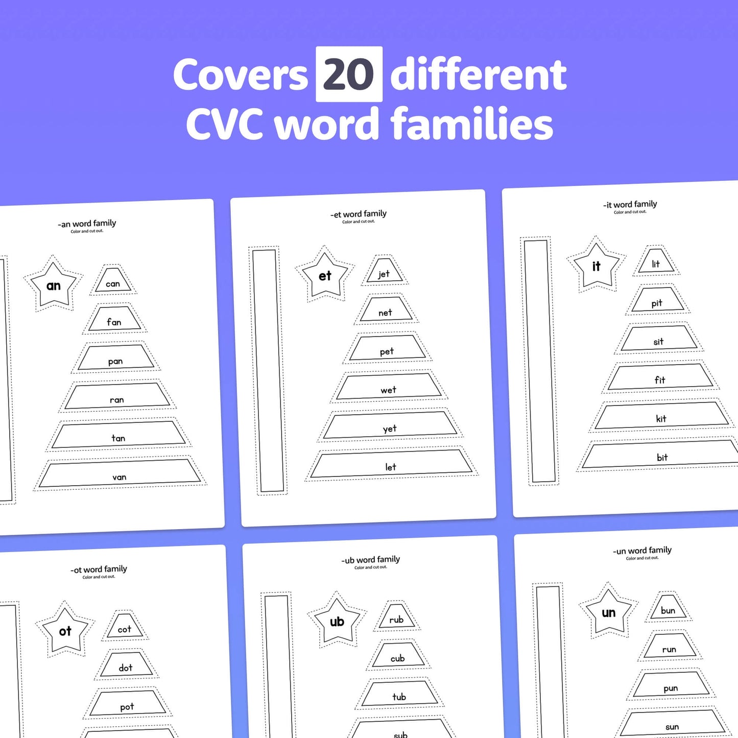 Six worksheets with pyramid-shaped CVC word families.